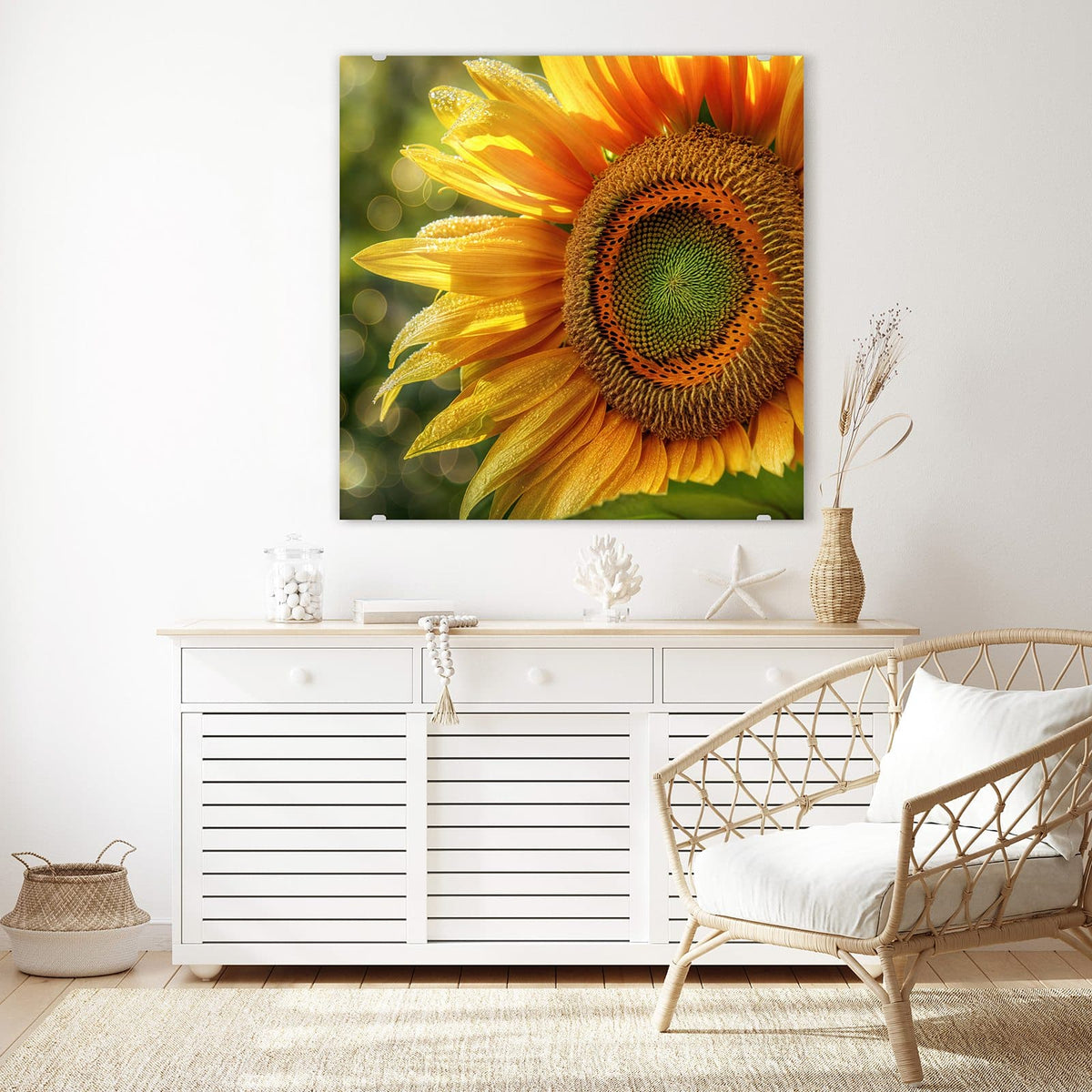 Glasbild Sonnenblume mit Tau an der Wand – Sonnenblume in Nahaufnahme, Blütenblätter voller Tautropfen