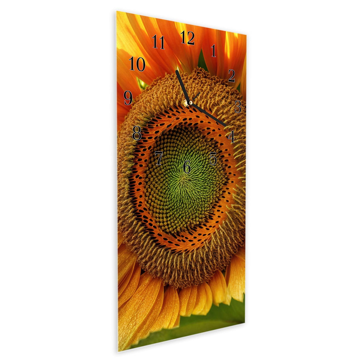 Vormontiert – mit Schwebeeffekt – Wanduhr Sonnenblume Makro aus Glas – Hochformat 30 × 60 cm
