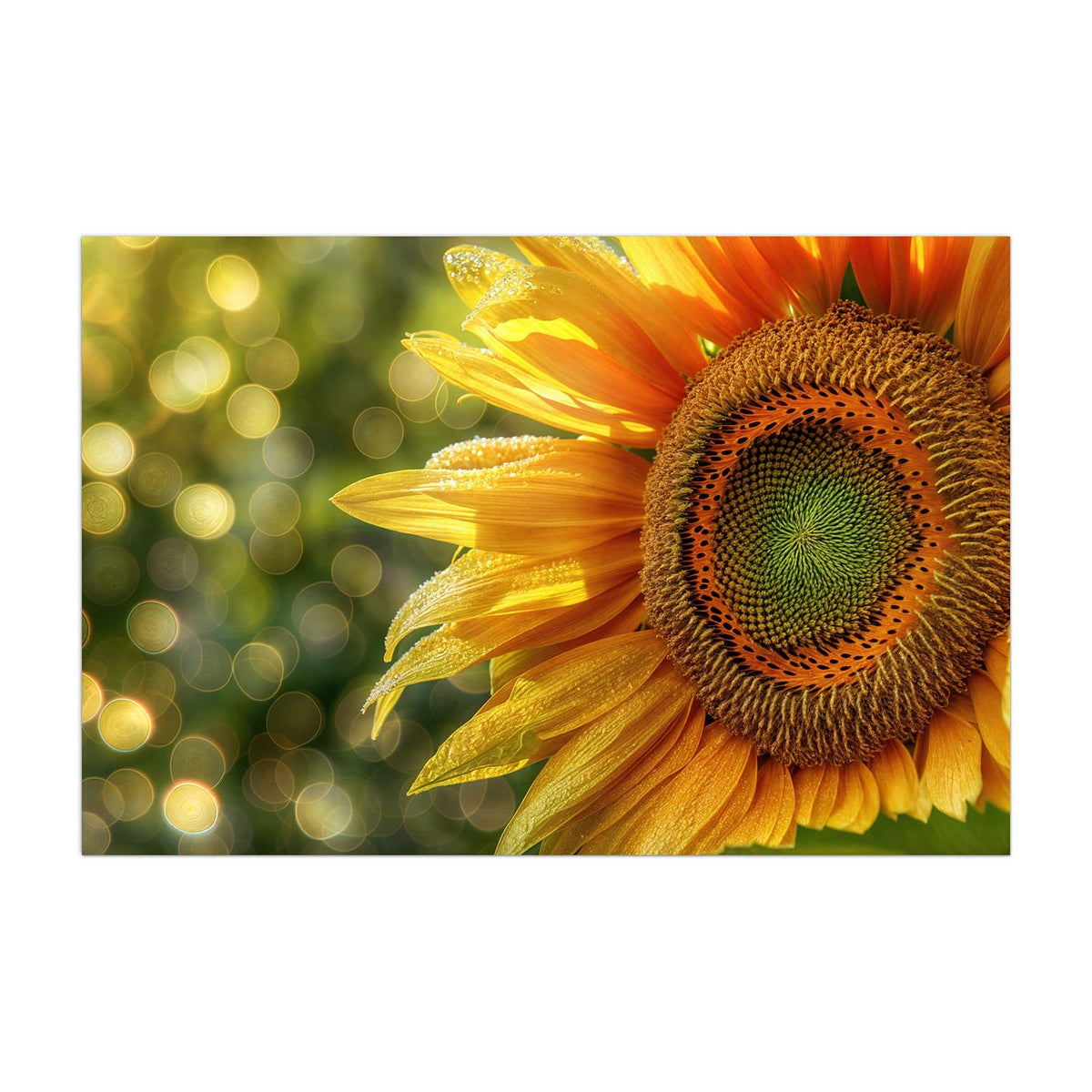 Küchenrückwand aus Glas Sonnenblume mit Tau im Hochformat, Motiv bildfüllend von vorn