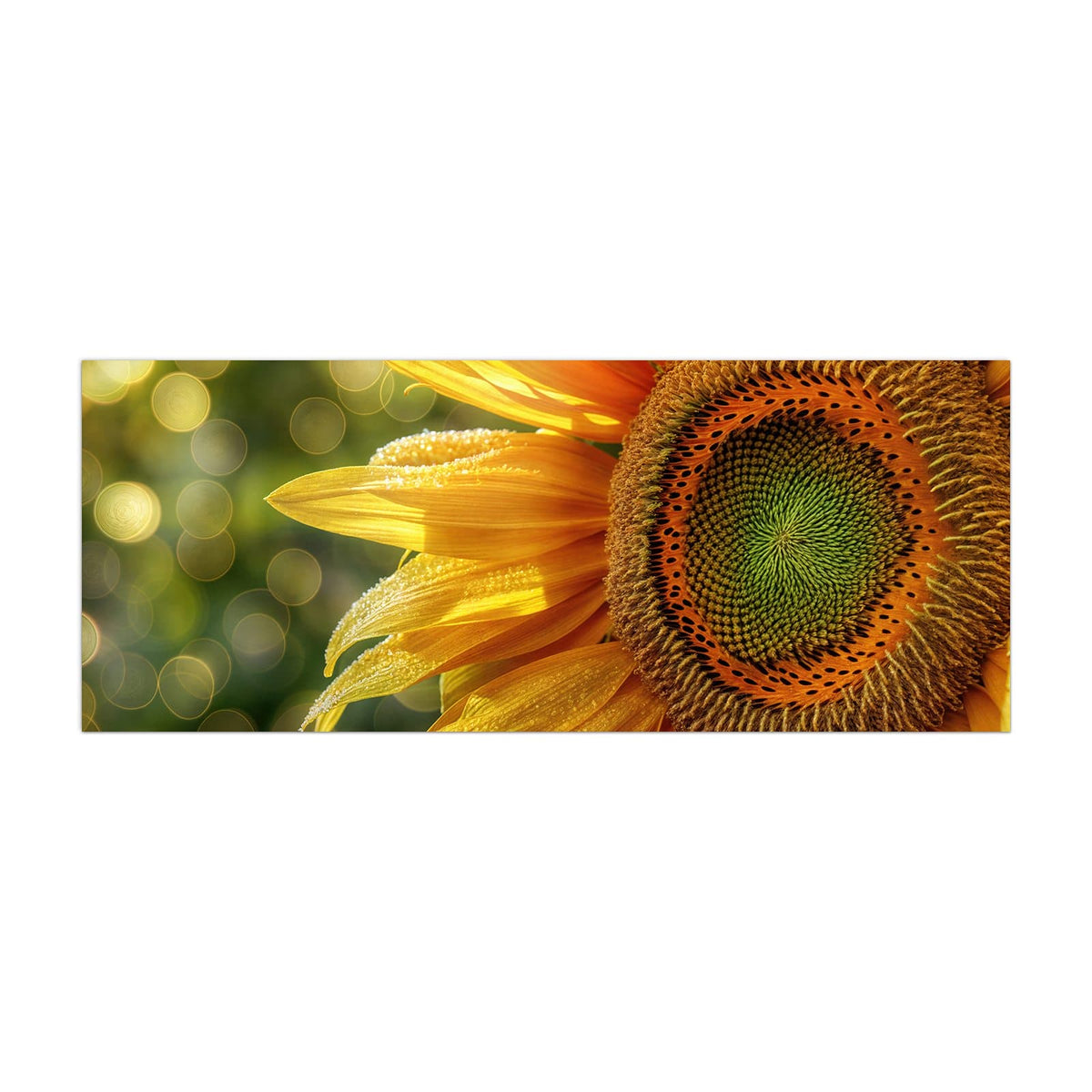 Küchenrückwand aus Glas Sonnenblume mit Tau im Hochformat, Motiv bildfüllend von vorn