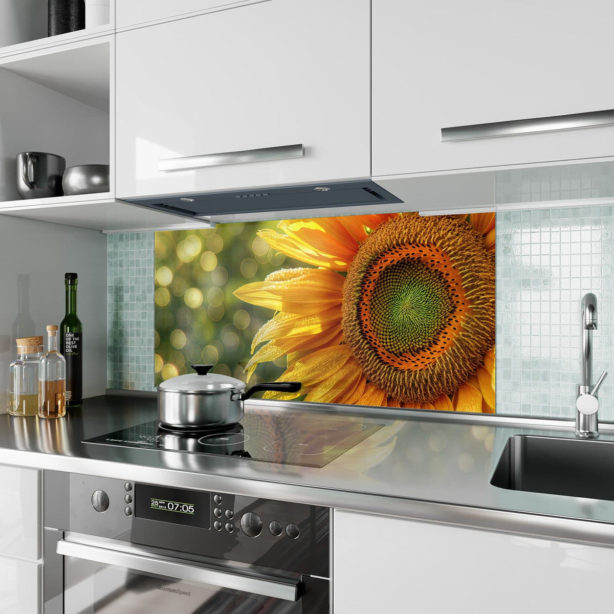 Küchenrückwand aus Glas Sonnenblume mit Tau im Hochformat als Spritzschutz hinter dem Kochfeld, über dem Fliesenspiegel montiert