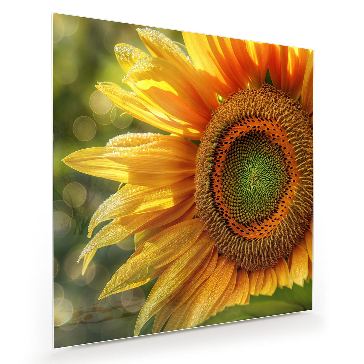 Sonnenblume in Nahaufnahme, Blütenblätter voller Tautropfen