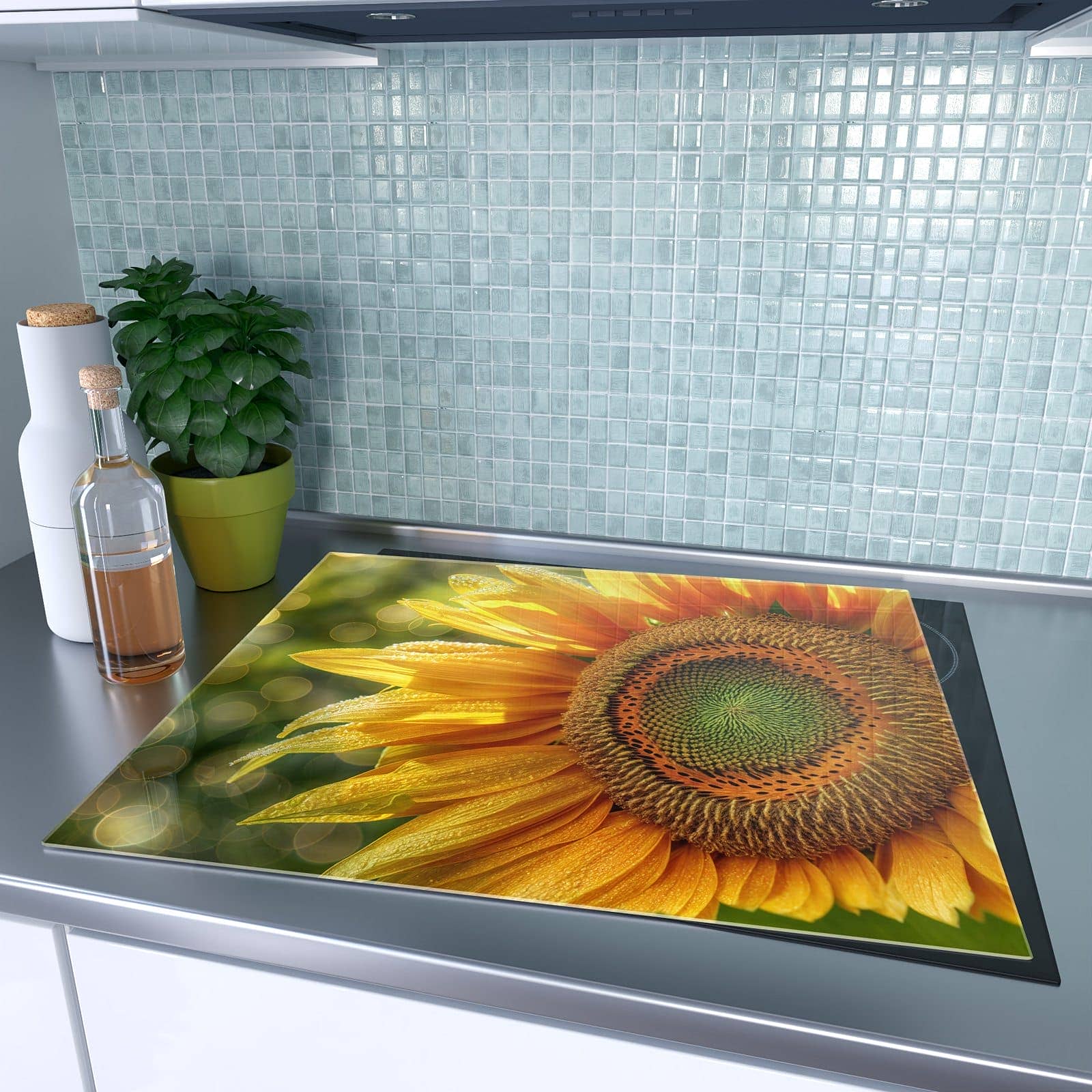1-teilige Deckplatte aus Glas mit Sonnenblume Makro-Motiv auf dem Ceranfeld
