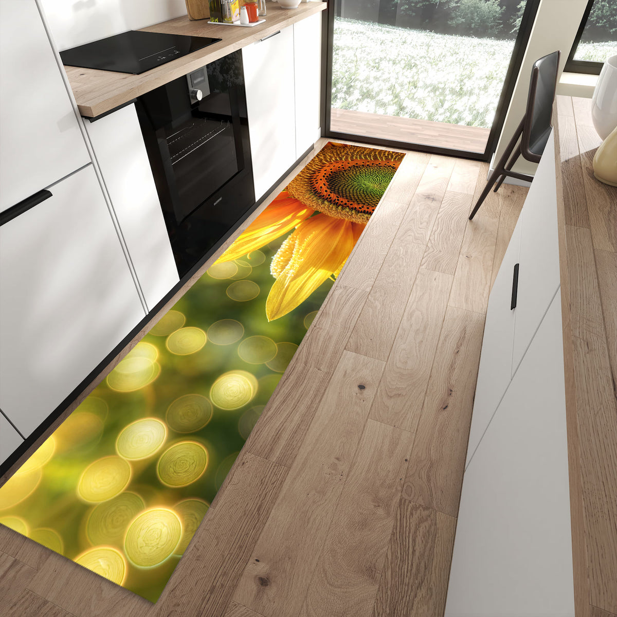 13 Größen – von 60 × 90 bis 80 × 300 cm – Küchenläufer - Sonnenblume mit Tau