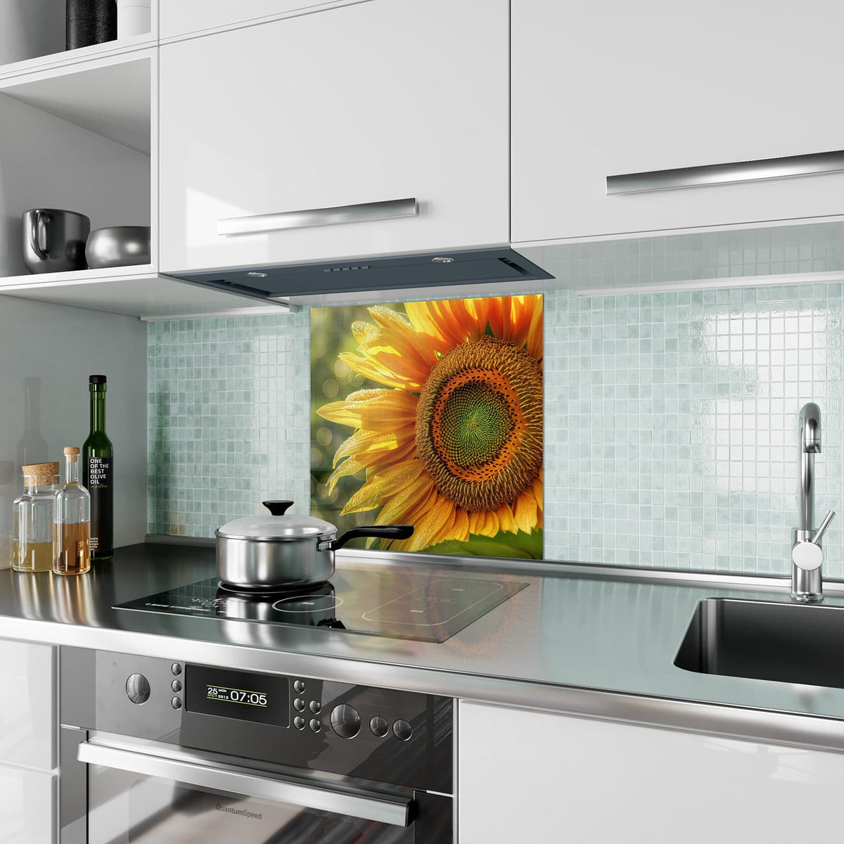 Küchenrückwand Sonnenblume mit Tau aus Glas – Sonnenblume mit glitzernden Tautropfen