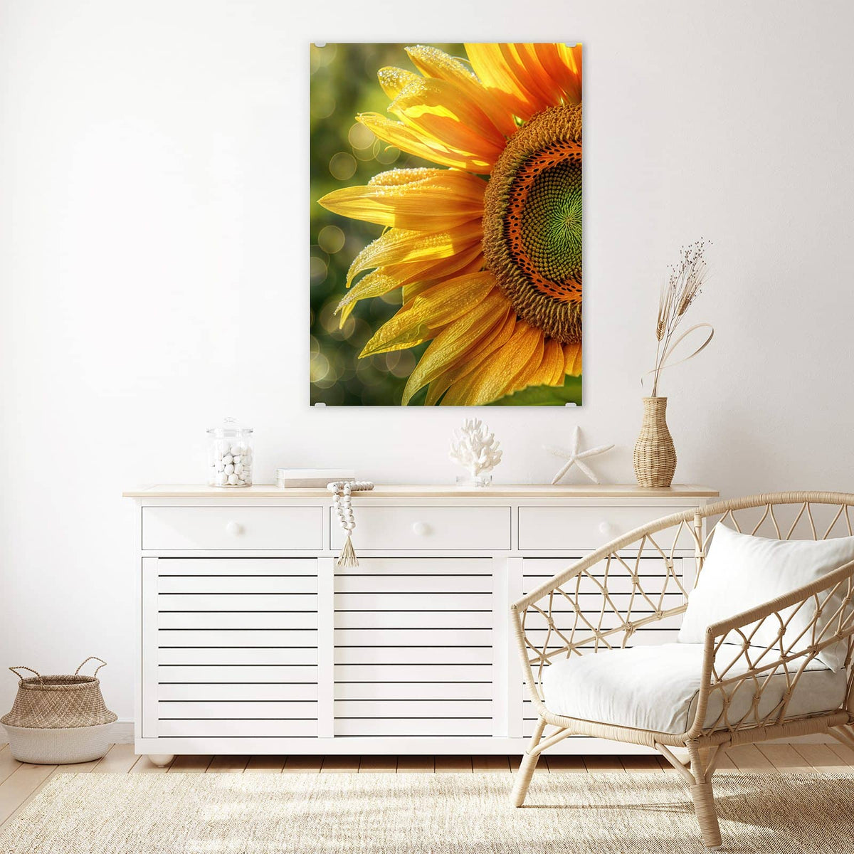Aufhängung liegt bei – Motiv später wechselbar – Wandbild - Sonnenblume mit Tau - Hochformat