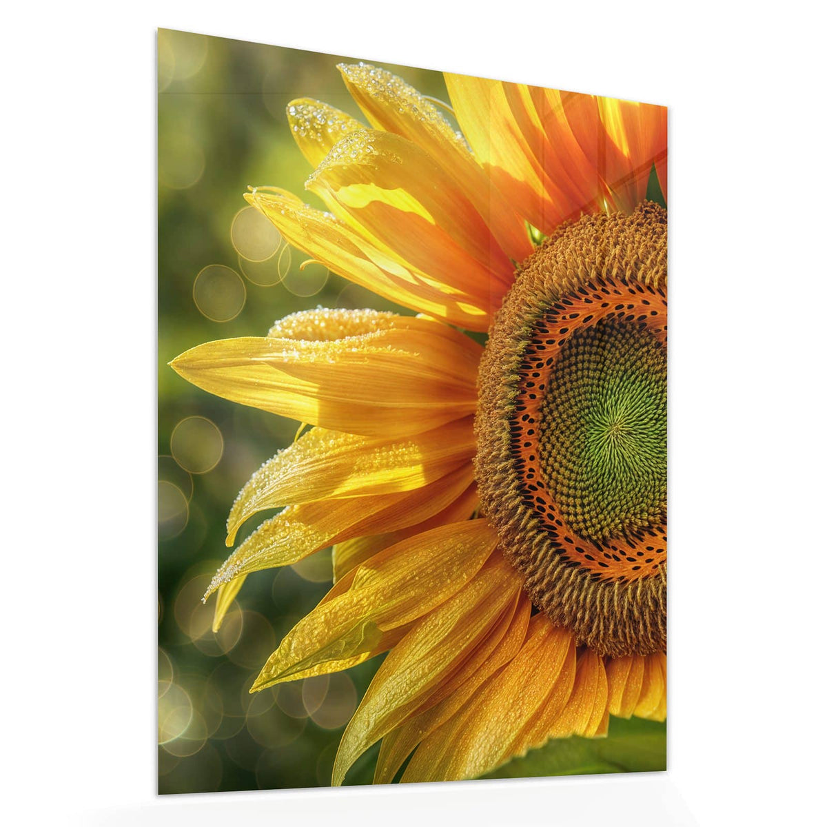 Echtglas, 4 mm – kein Acryl, keine Folie – Wandbild - Sonnenblume mit Tau - Hochformat