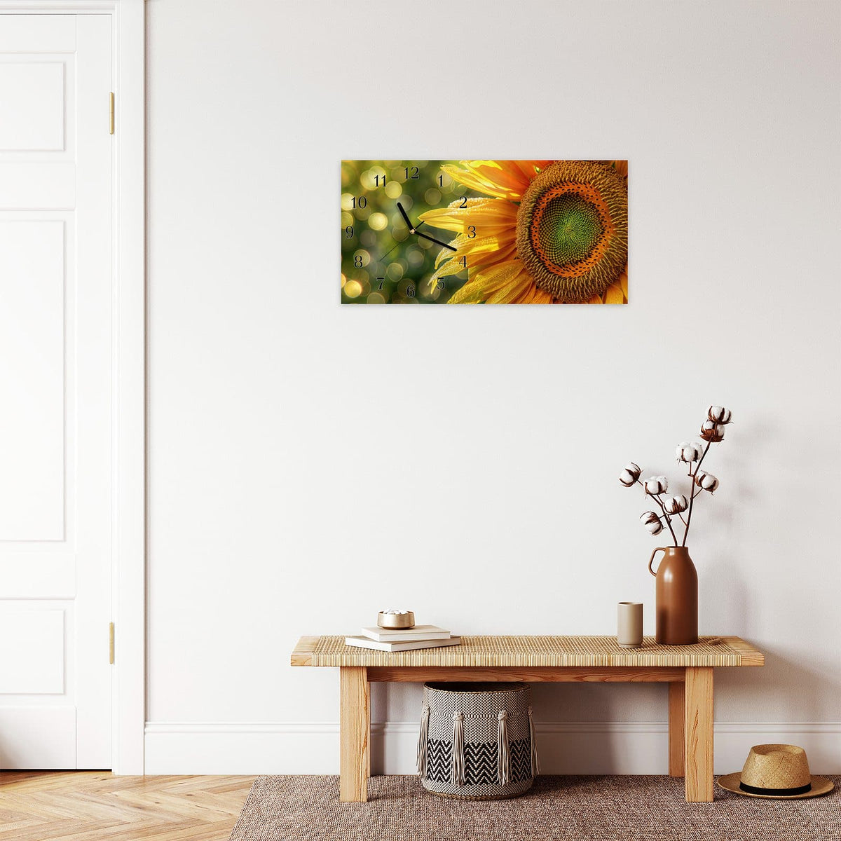 Moderne Wanduhr aus Glas mit Farbtiefe – Wanduhr Sonnenblume Makro aus Glas – Querformat 60 × 30 cm