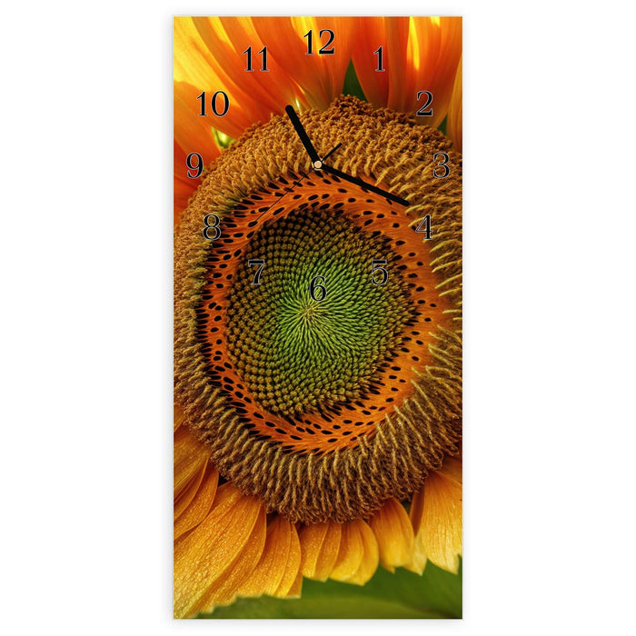 Wanduhr Sonnenblume Makro aus Glas – Hochformat 30 × 60 cm mit Ziffernblatt Klassisch