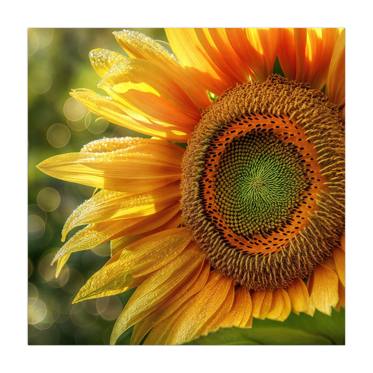 Küchenrückwand aus Glas Sonnenblume mit Tau im quadratischen Format, Motiv bildfüllend von vorn