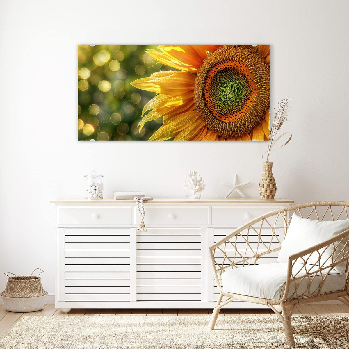 Echtglas, 4 mm – kein Acryl, keine Folie – Wandbild - Sonnenblume mit Tau - Querformat