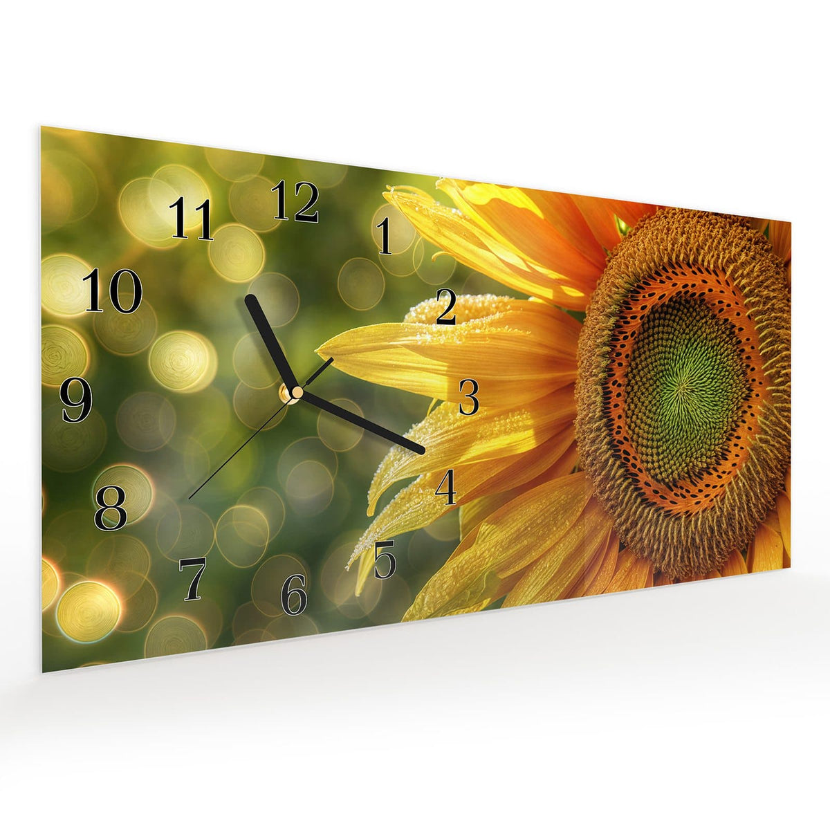 Vormontiert – mit Schwebeeffekt – Wanduhr Sonnenblume Makro aus Glas – Querformat 60 × 30 cm