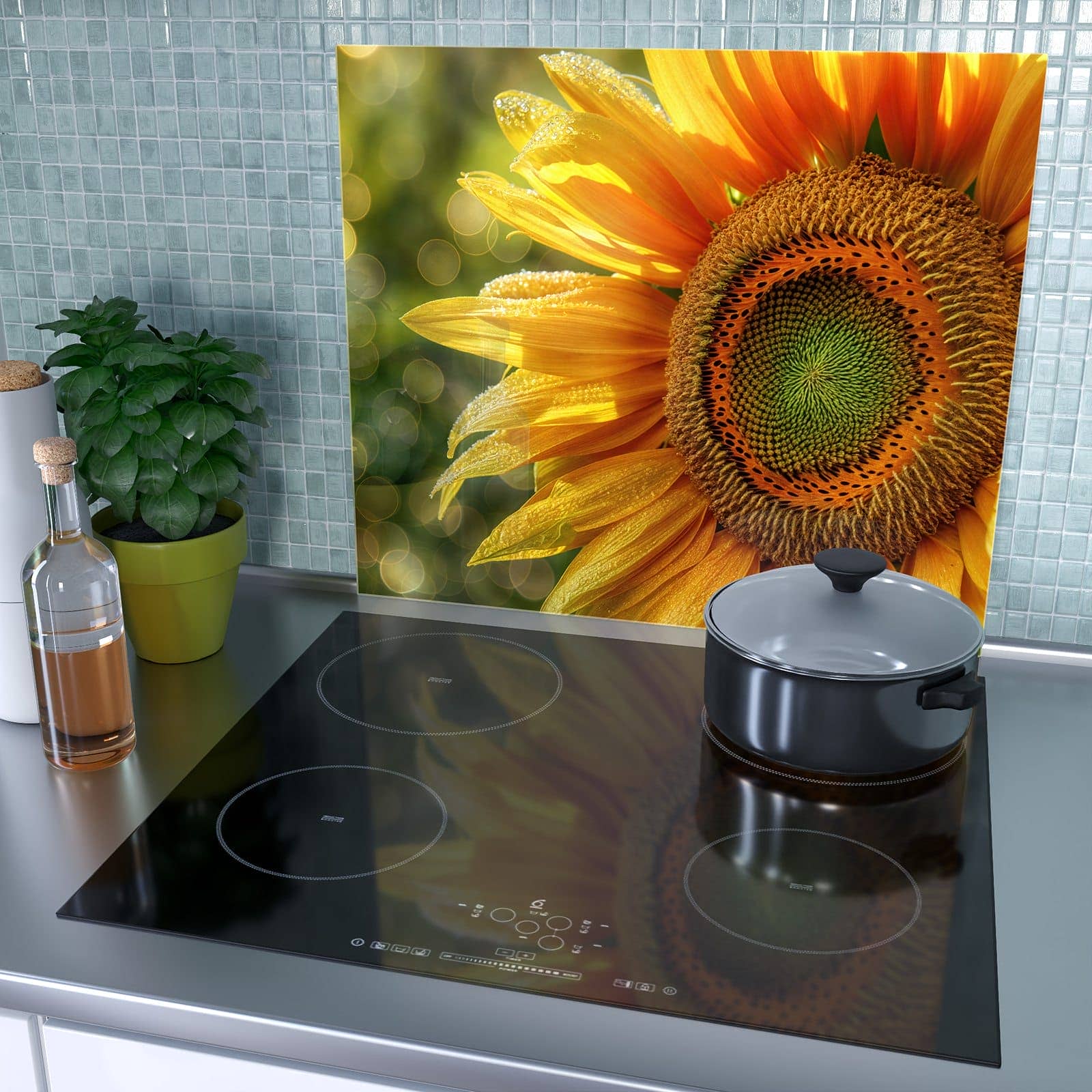 1-teilige Herdabdeckplatte Induktion mit Sonnenblume Makro-Motiv als Spritzschutz hinter dem Kochfeld