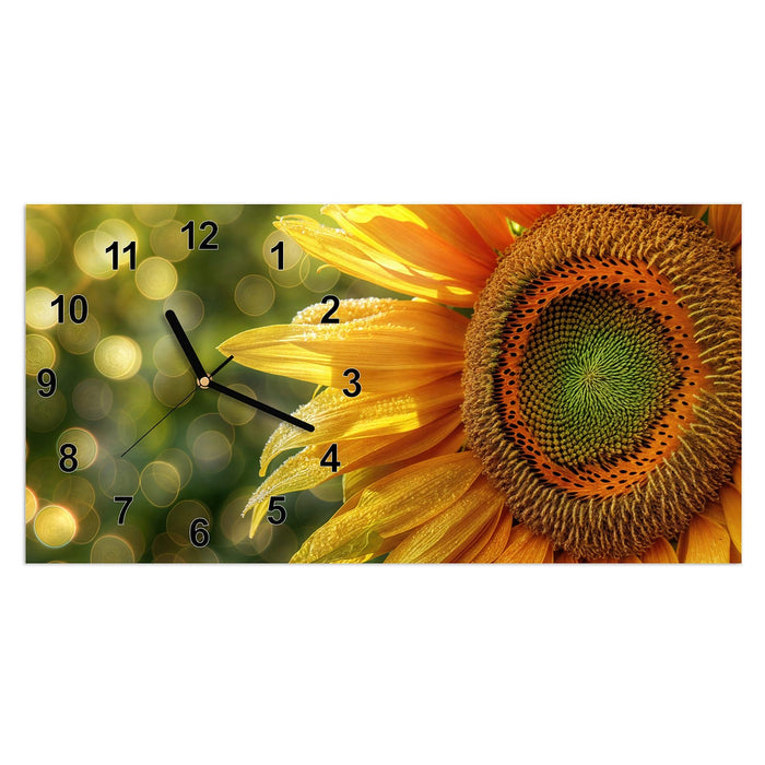 Wanduhr Sonnenblume Makro aus Glas – Querformat 60 × 30 cm mit Ziffernblatt Modern