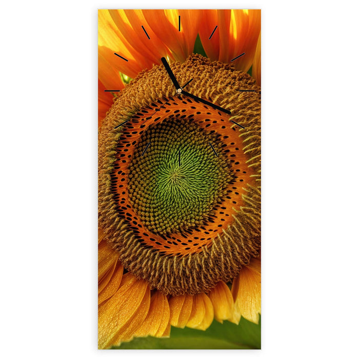 Wanduhr Sonnenblume Makro aus Glas – Hochformat 30 × 60 cm mit Ziffernblatt Linie