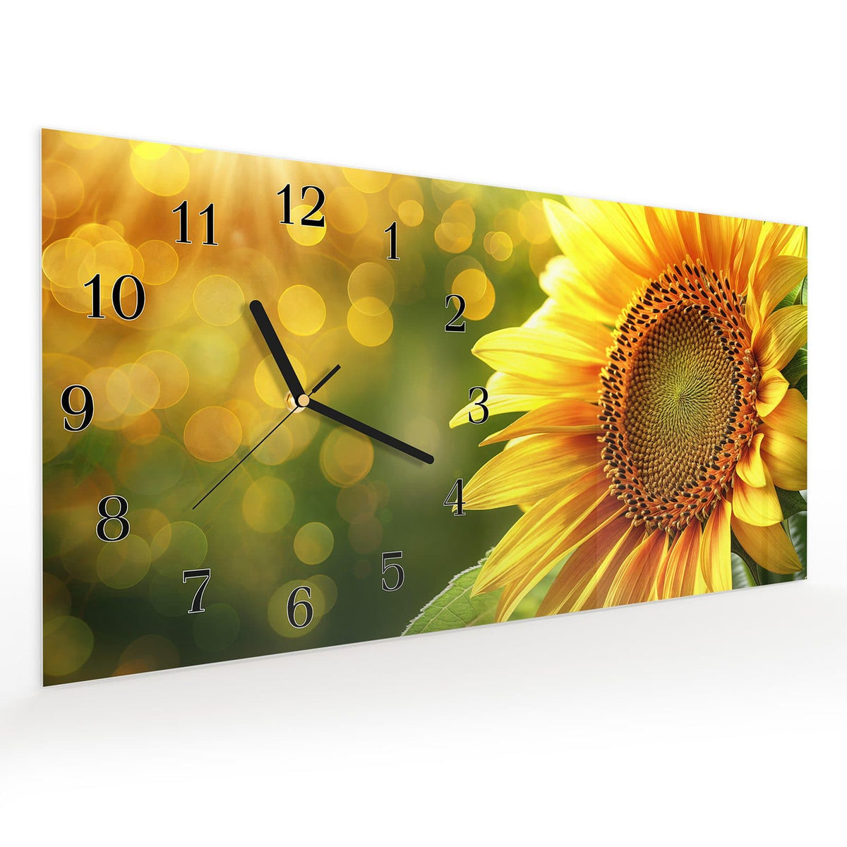 Vormontiert – mit Schwebeeffekt – Wanduhr Sonnenblume Blüte aus Glas – Querformat 60 × 30 cm