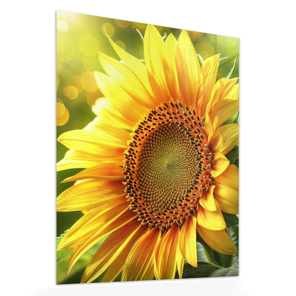 Echtglas, 4 mm – kein Acryl, keine Folie – Wandbild - Sonnenblume im Goldlicht - Hochformat