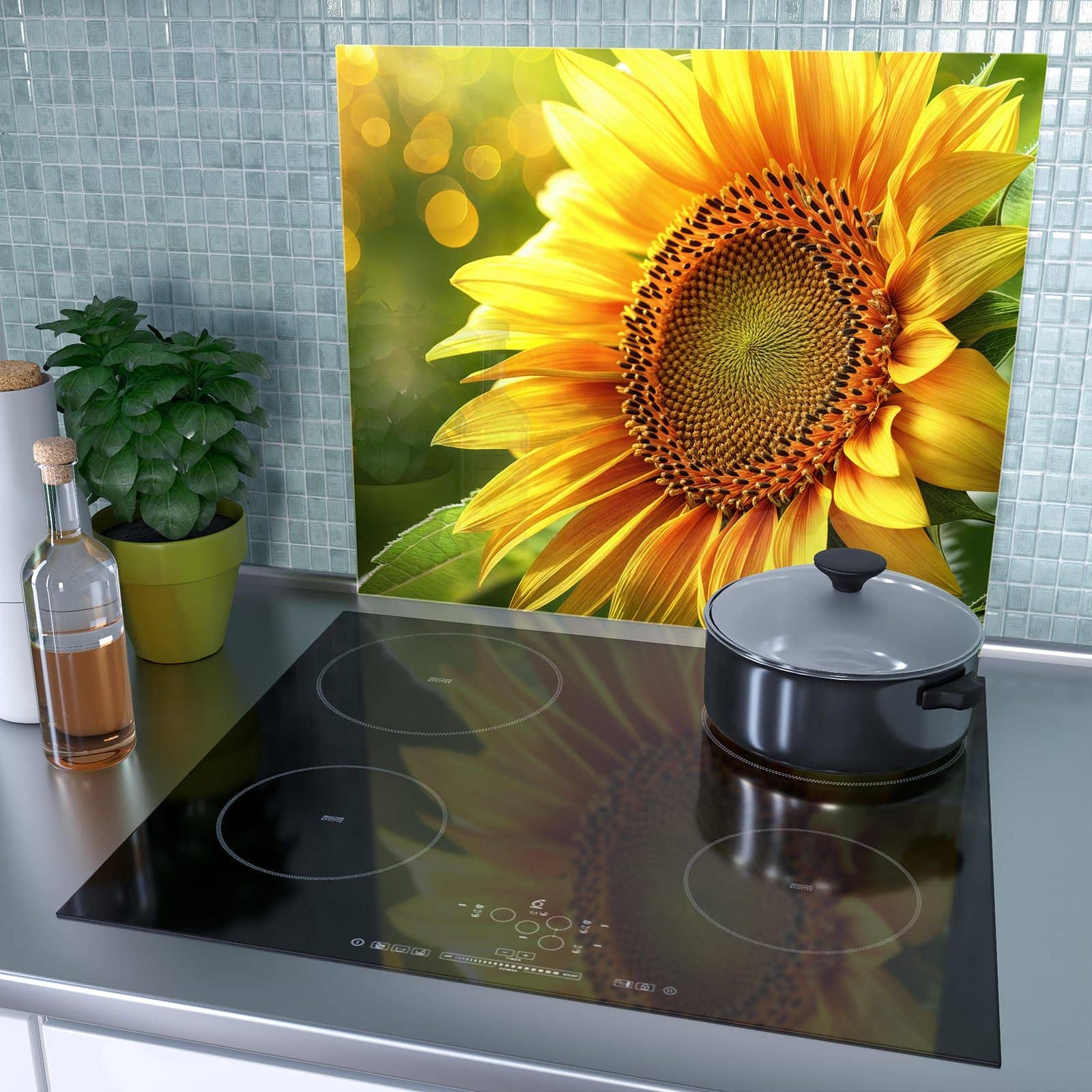 1-teilige Herdabdeckplatte mit Sonnenblume Blüte-Motiv als Spritzschutz hinter dem Kochfeld