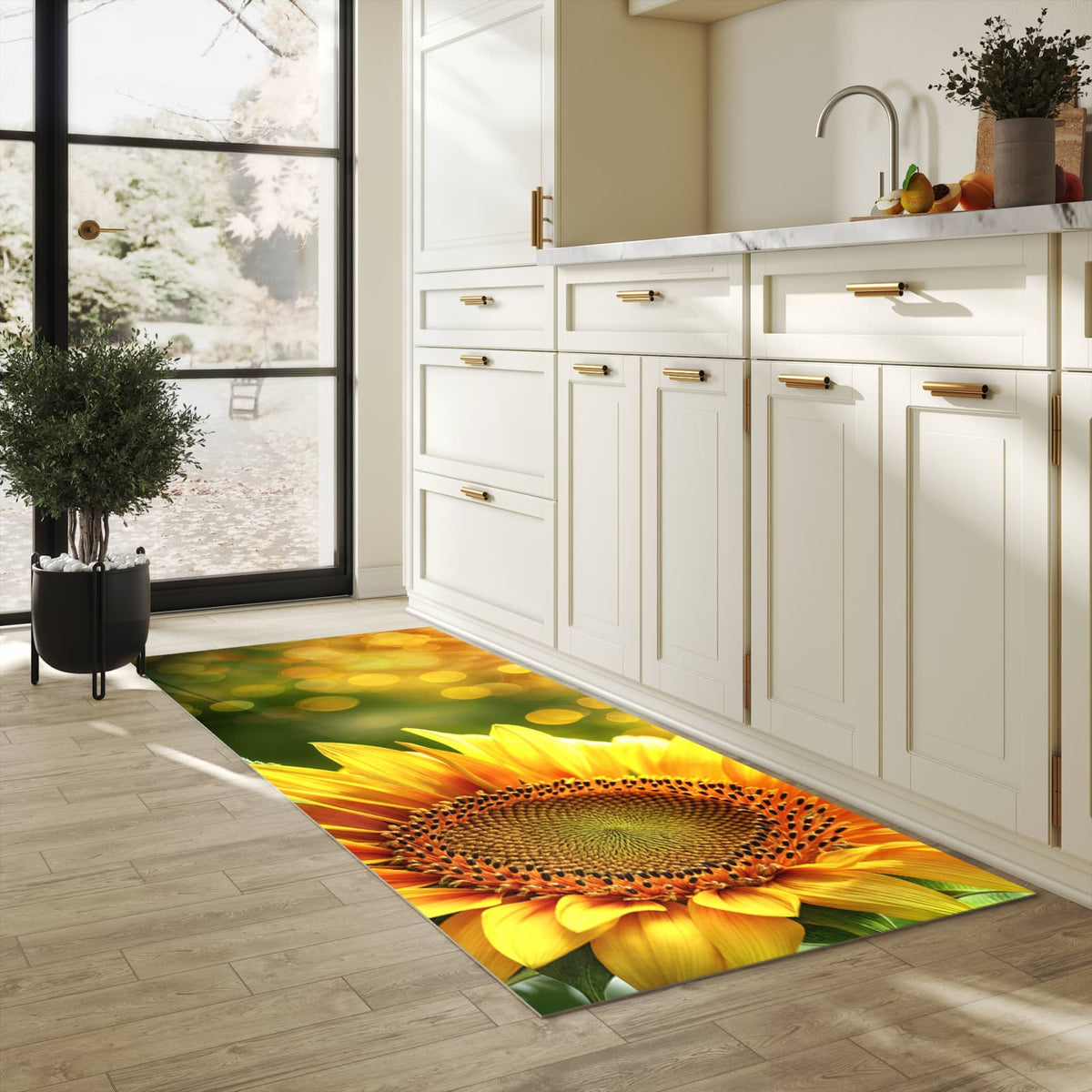 Bodenschonender Küchenteppich mit Motiv Sonnenblume Blüte in heller Küche