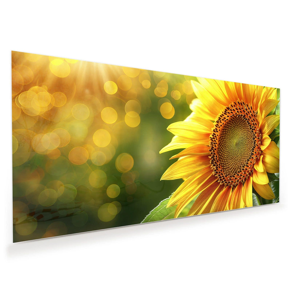 Einzelne Sonnenblume in Nahaufnahme vor grünem Grund mit goldenen Lichtpunkten.