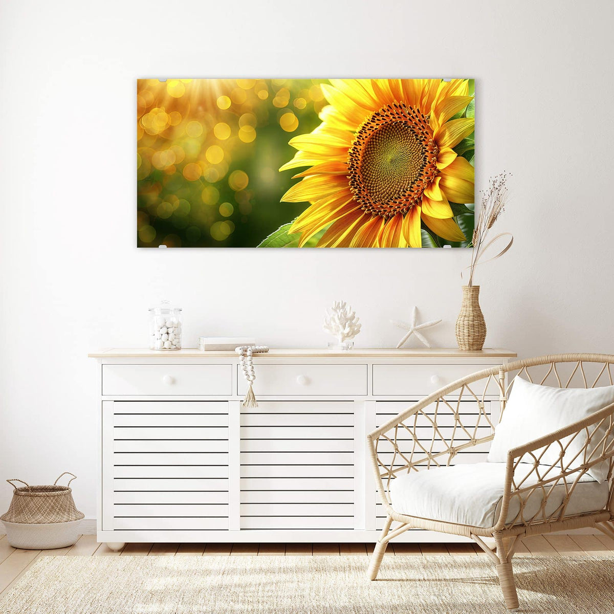 Echtglas, 4 mm – kein Acryl, keine Folie – Wandbild - Sonnenblume im Goldlicht - Querformat