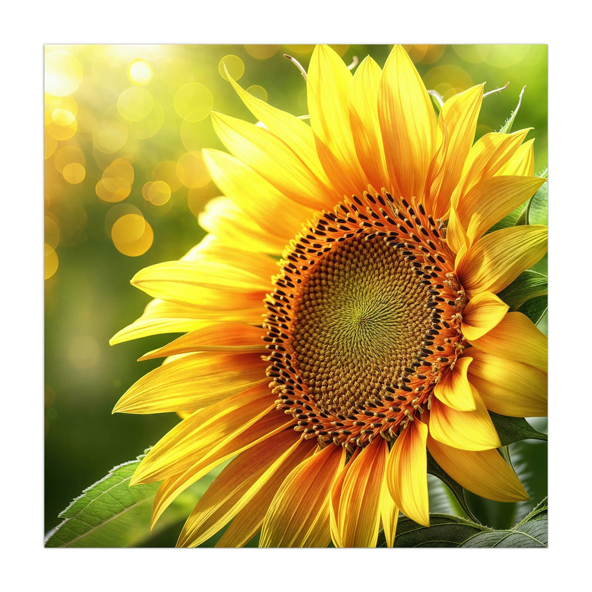 Einzelne Sonnenblume in Nahaufnahme vor grünem Grund mit goldenen Lichtpunkten.