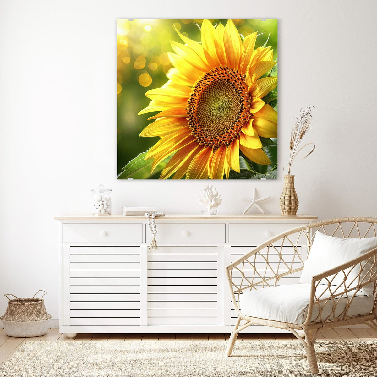 Echtglas, 4 mm – kein Acryl, keine Folie – Wandbild - Sonnenblume im Goldlicht - Quadratisch