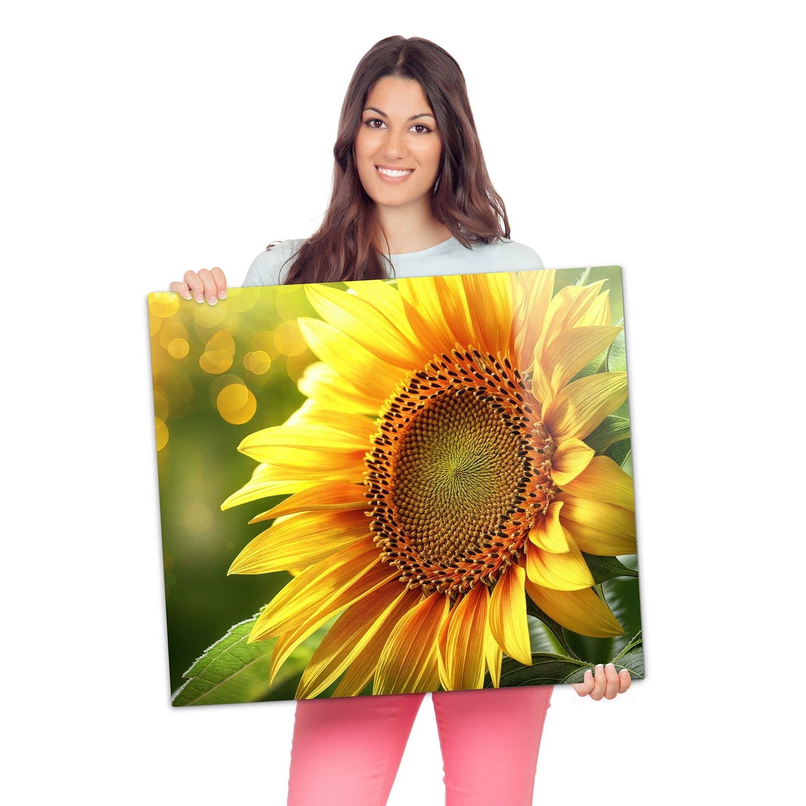 Herdabdeckplatte mit Sonnenblume Blüte-Motiv wird zur Größendarstellung gehalten