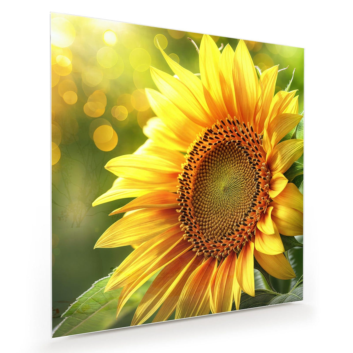 Einzelne Sonnenblume in Nahaufnahme vor grünem Grund mit goldenen Lichtpunkten.
