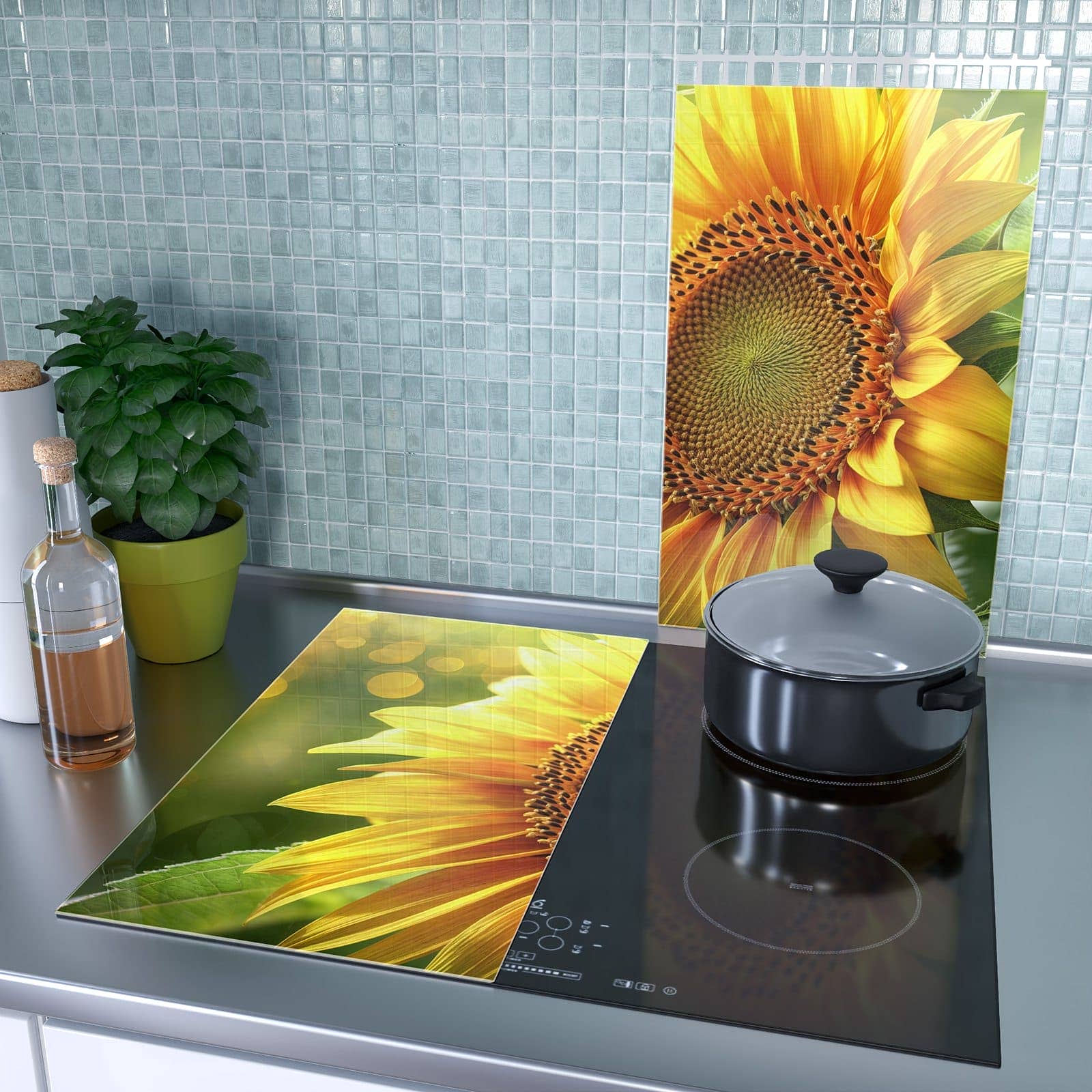 2-teilige Herdabdeckplatten für Ceranfeld mit Sonnenblume Blüte-Motiv als Spritzschutz hinter dem Kochfeld