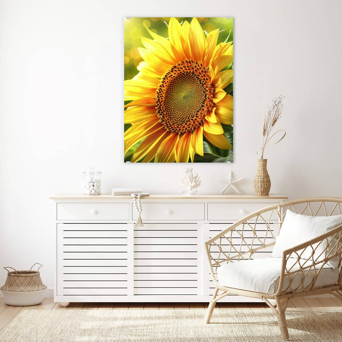 Aufhängung liegt bei – Motiv später wechselbar – Wandbild - Sonnenblume im Goldlicht - Hochformat