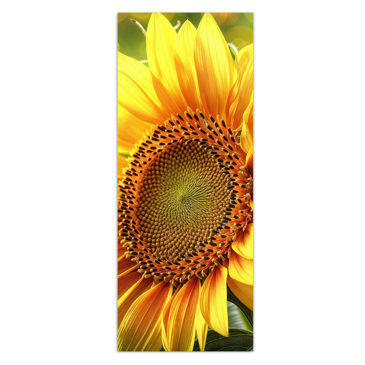 Einzelne Sonnenblume in Nahaufnahme vor grünem Grund mit goldenen Lichtpunkten.