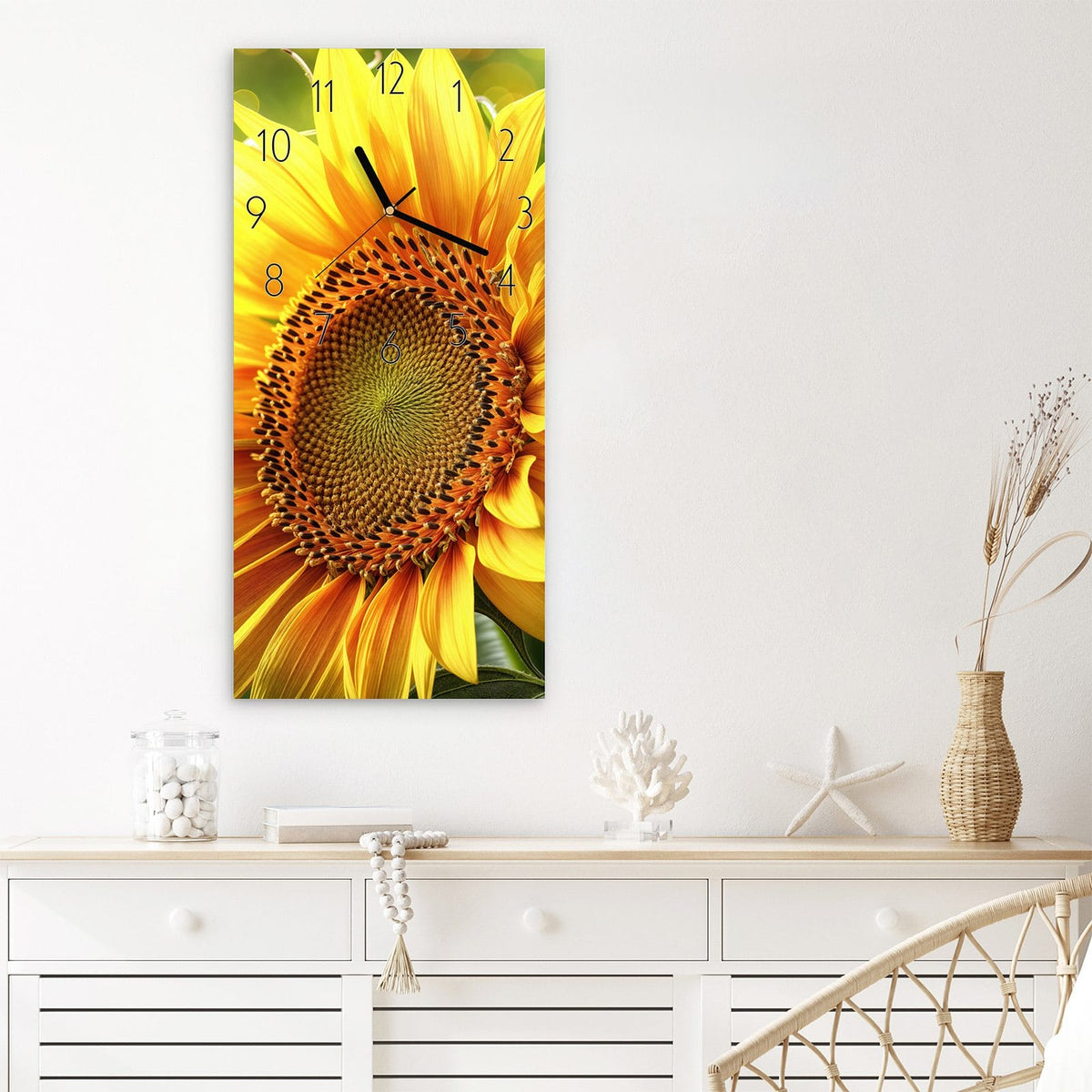 Wanduhr Sonnenblume Blüte aus Glas – Sonnenblume vor goldenem Lichterspiel