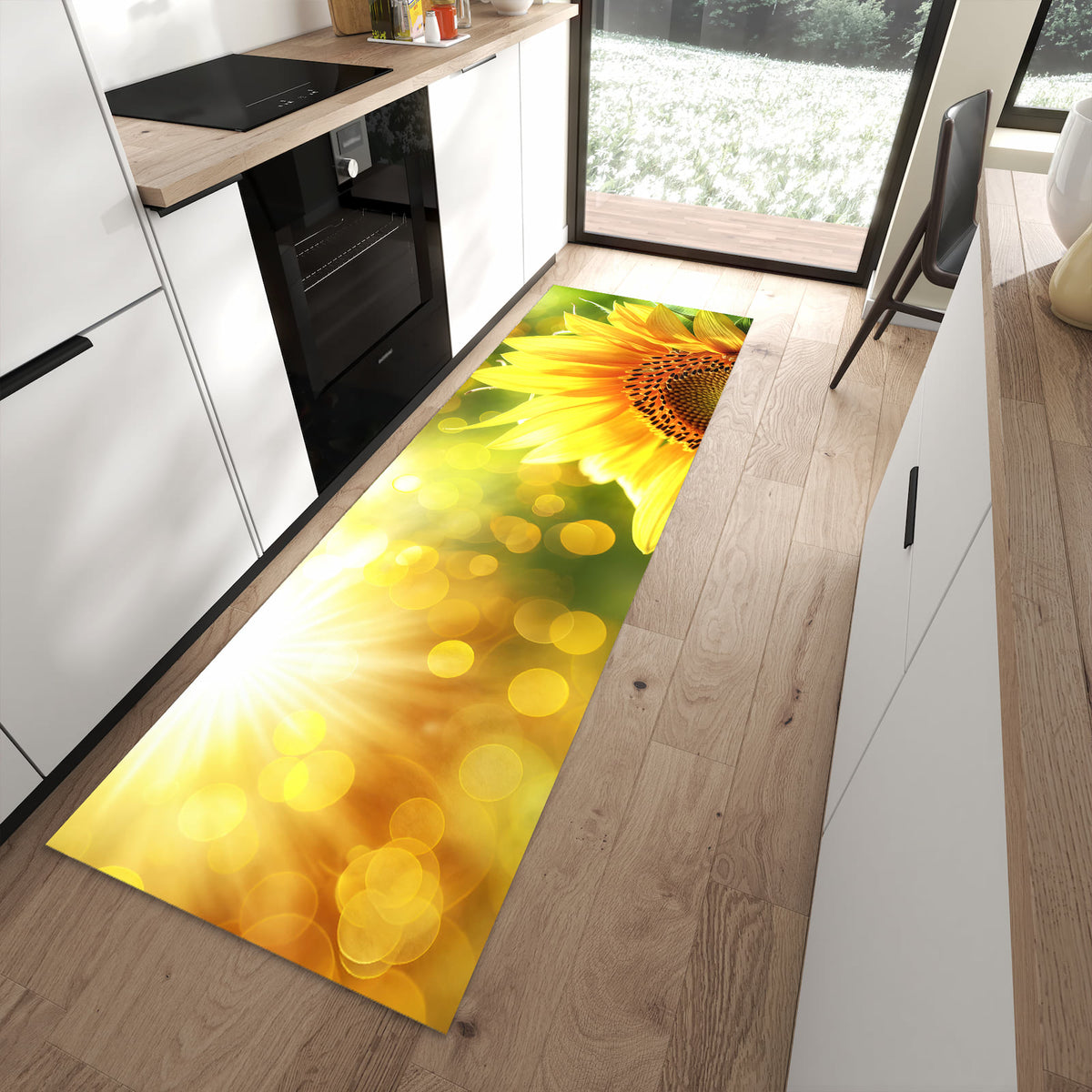 Formstabiler Küchenläufer mit Motiv Sonnenblume Blüte in moderner Küche