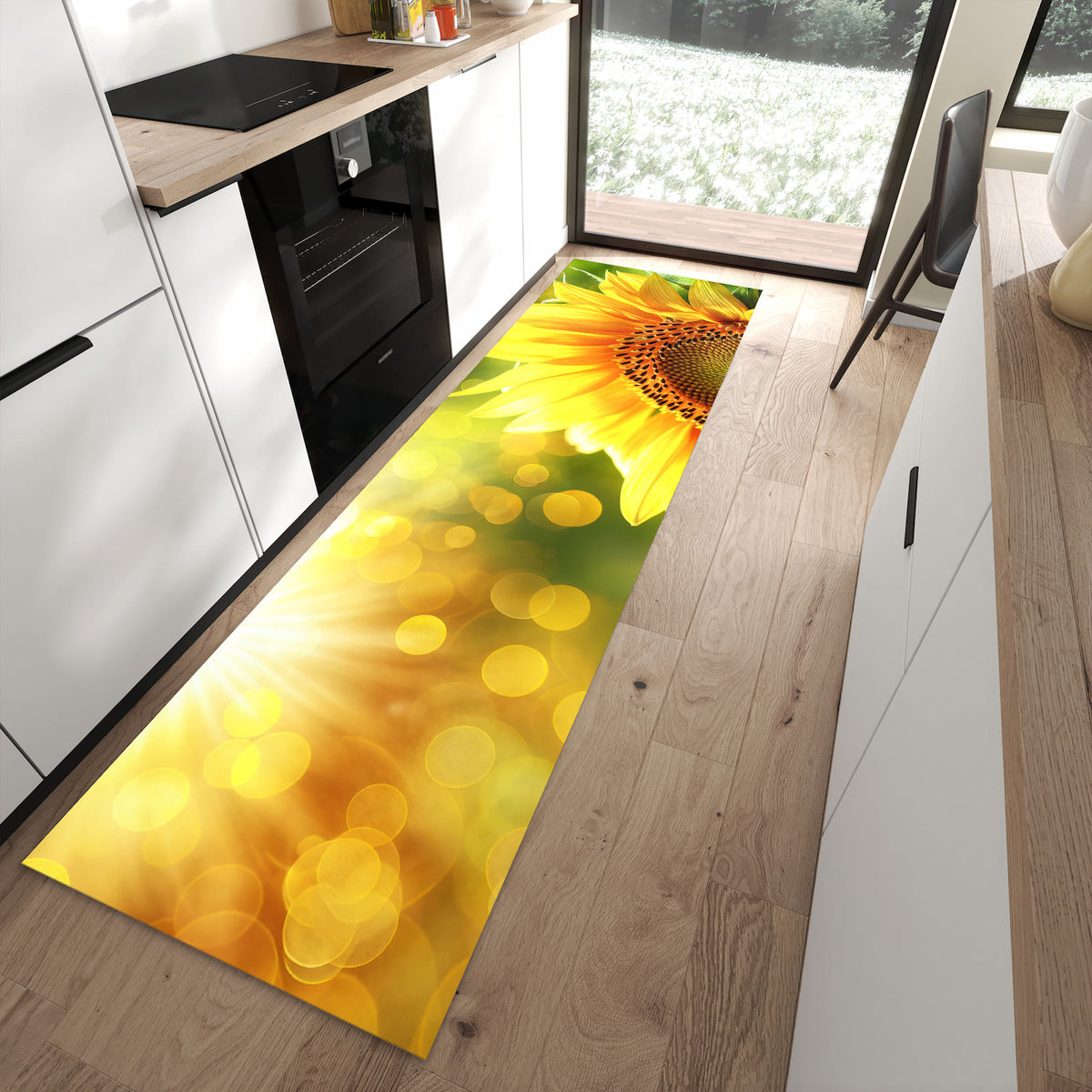 Abwaschbarer Küchenläufer mit Motiv Sonnenblume Blüte in moderner Küche