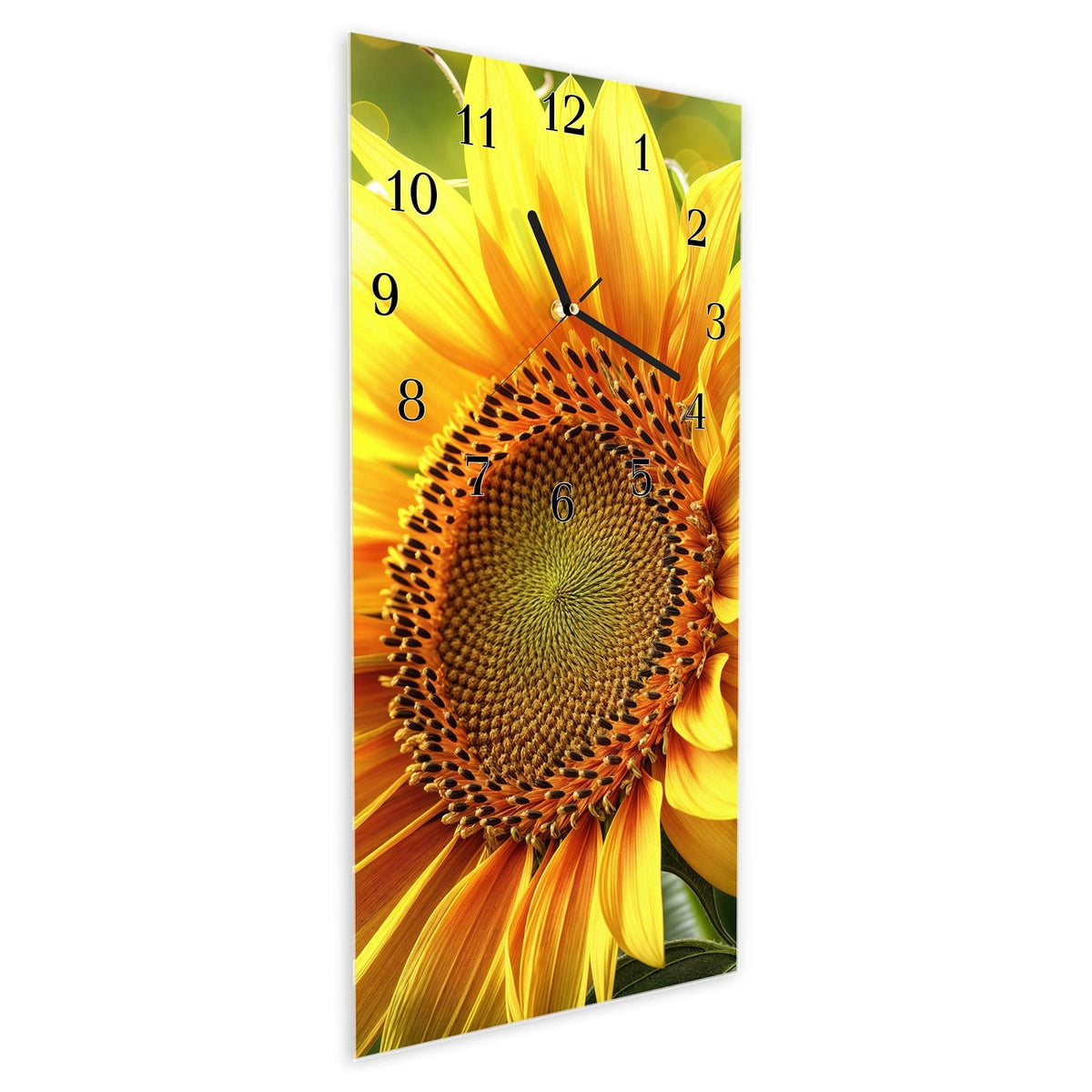 Vormontiert – mit Schwebeeffekt – Wanduhr Sonnenblume Blüte aus Glas – Hochformat 30 × 60 cm