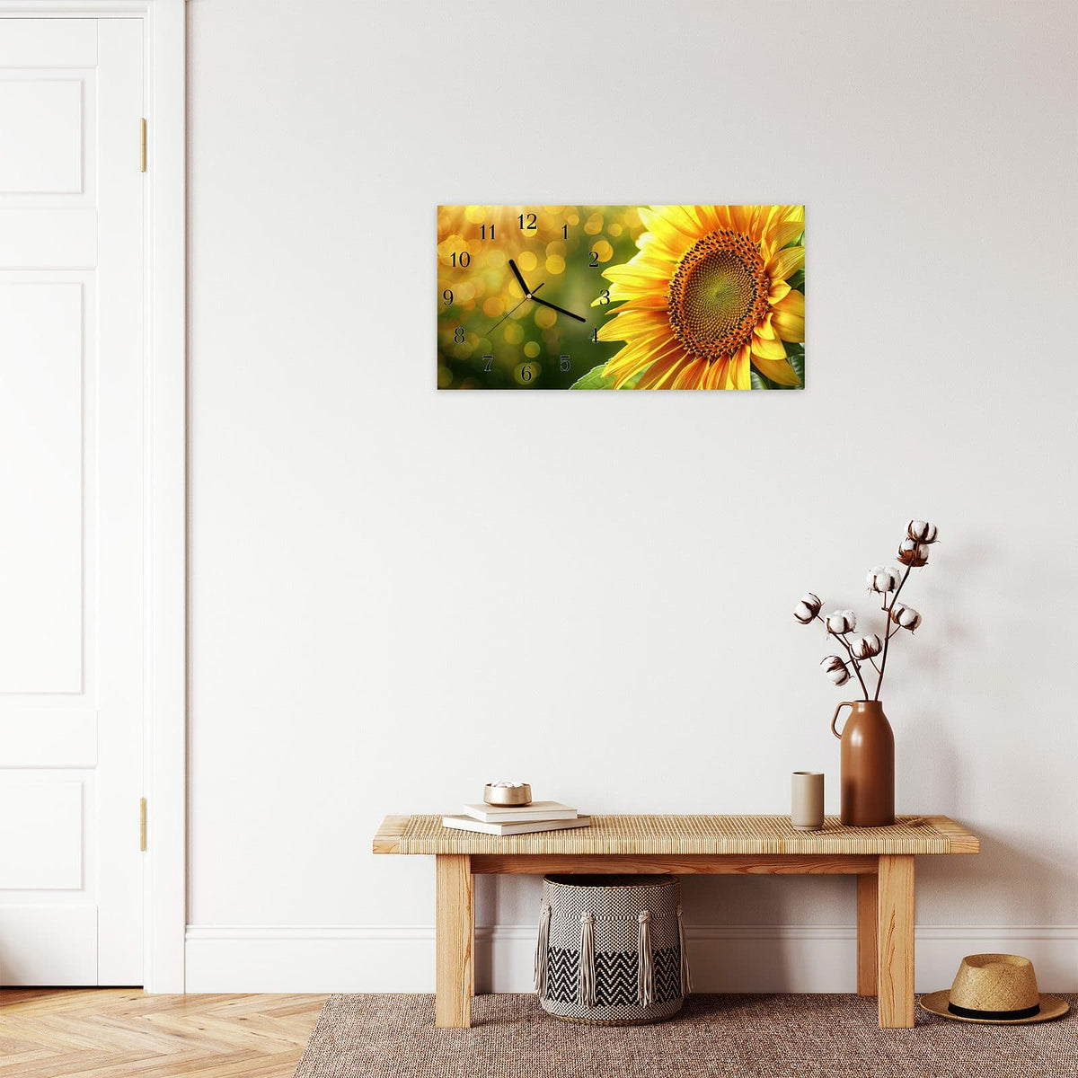 Moderne Wanduhr aus Glas mit Farbtiefe – Wanduhr Sonnenblume Blüte aus Glas – Querformat 60 × 30 cm