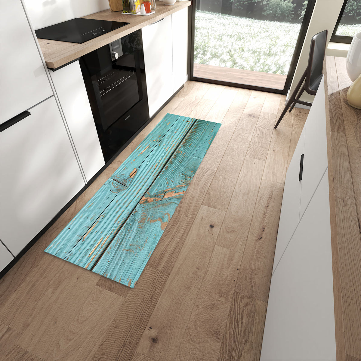 Schmutzabweisender Küchenteppich mit Motiv Holzbretter Vintage in moderner Küche