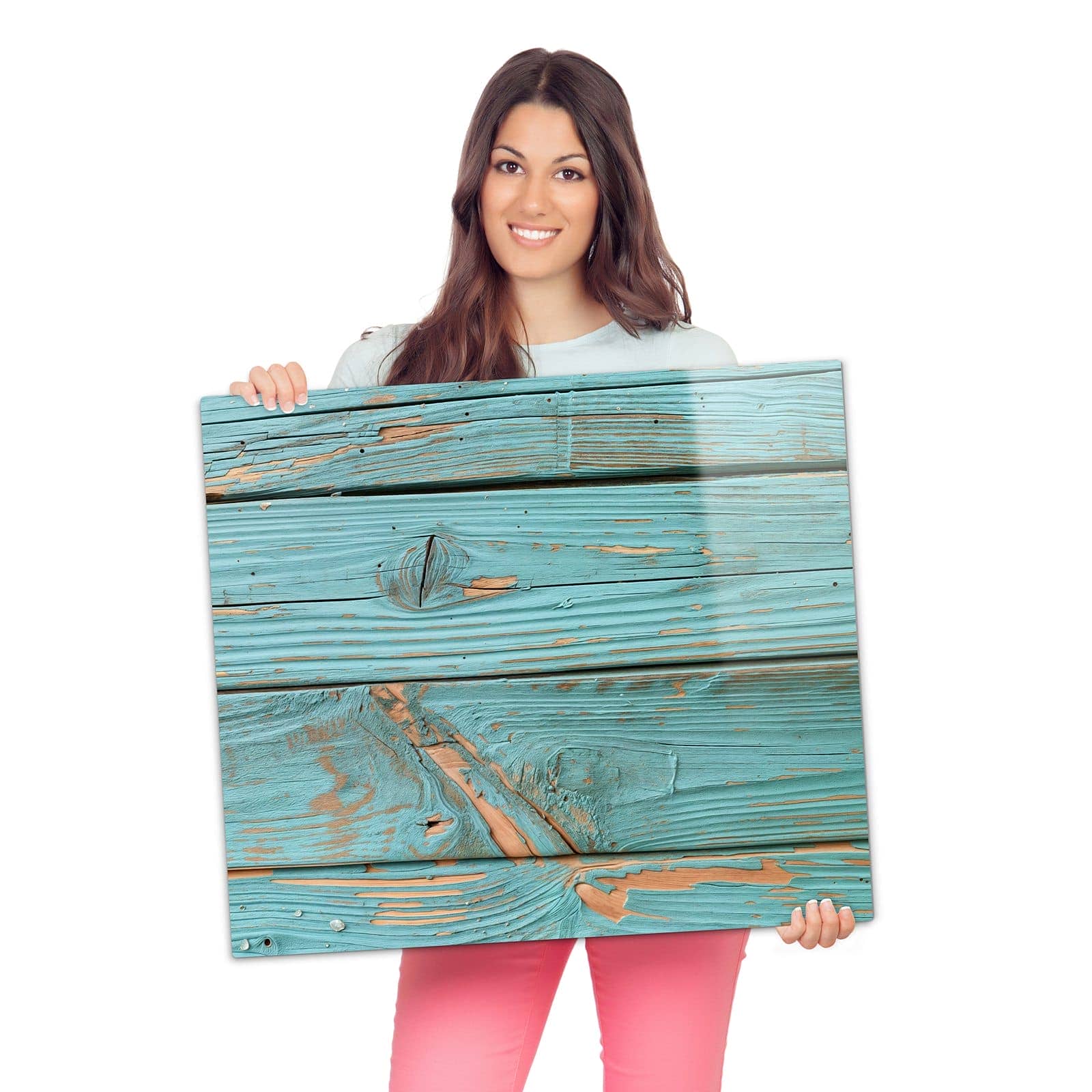 Herdabdeckplatte aus Glas mit Holzbretter Vintage-Motiv wird zur Größendarstellung gehalten