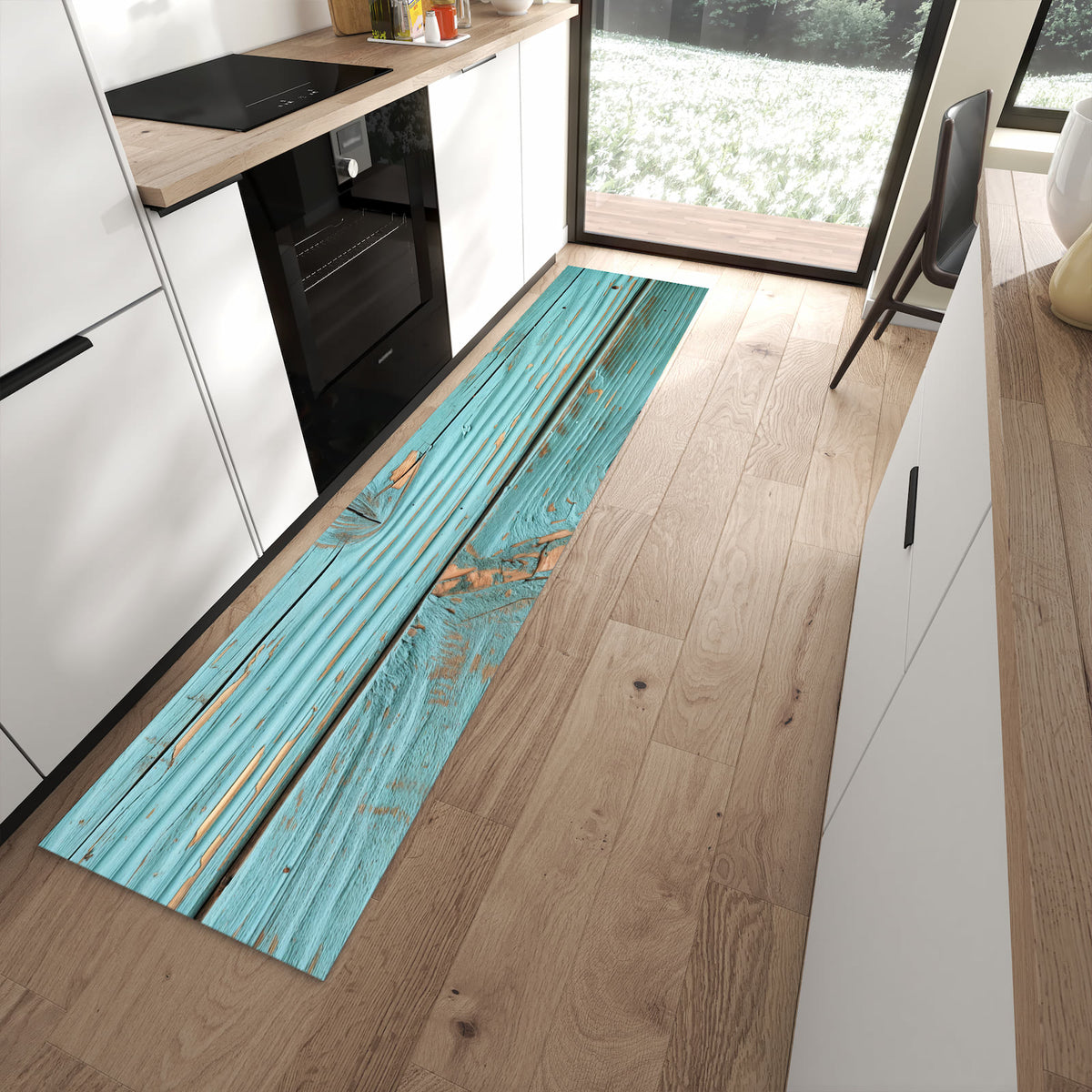 Langlebiger Küchenteppich mit Motiv Holzbretter Vintage in moderner Küche