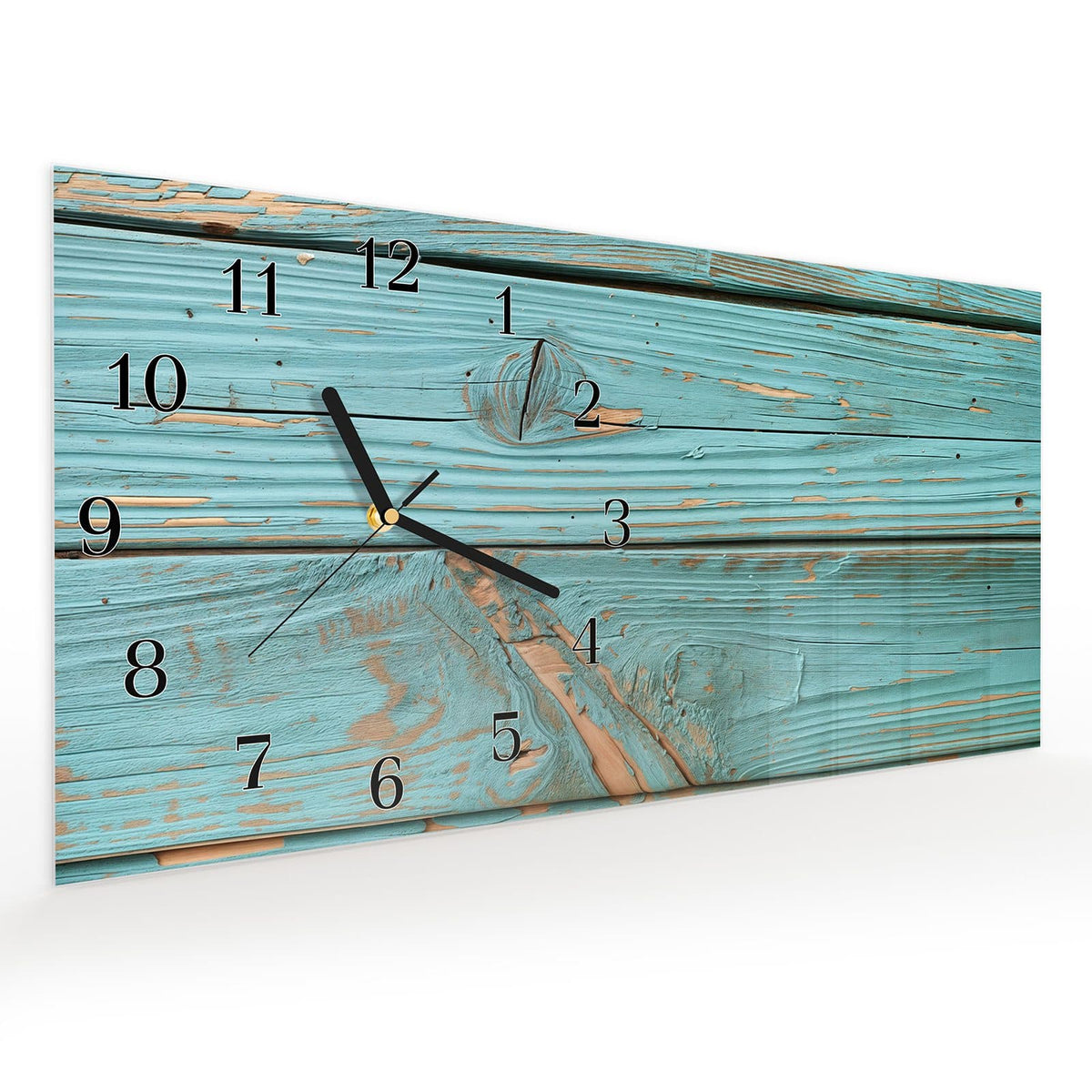 Vormontiert – mit Schwebeeffekt – Wanduhr Holzbretter Vintage aus Glas – Querformat 60 × 30 cm