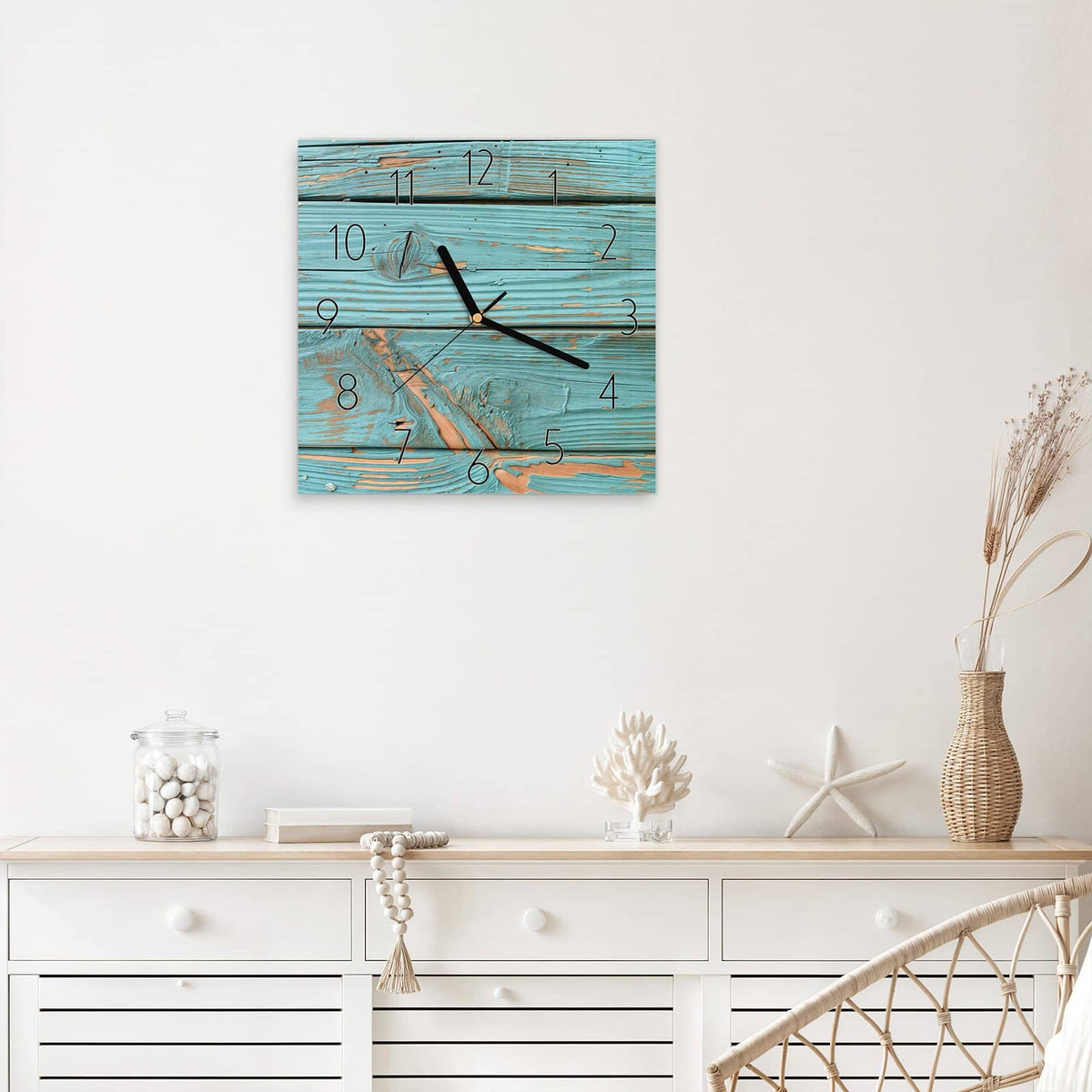 Wanduhr Türkislack auf Holz aus Glas – Quadratisch 30 × 30 cm – Türkise Holzbretter mit Patina