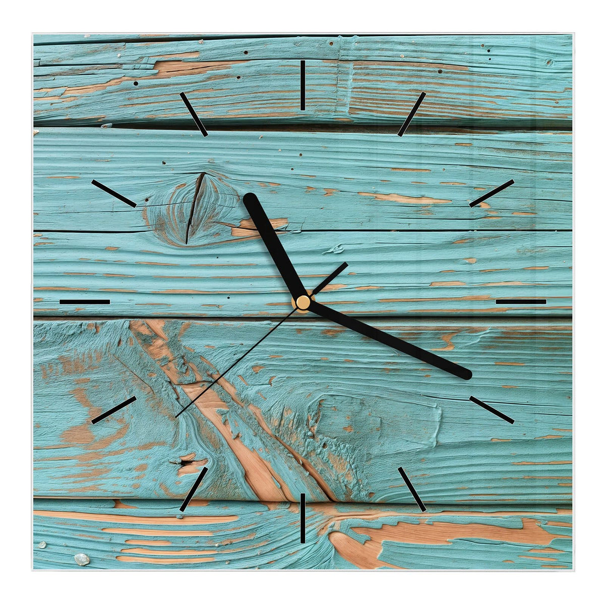 Wanduhr aus Glas, Ziffernblatt Linie: Waagerechte Bretter mit kräftig türkisem Lack, der großflächig abplatzt und orangebraunes Holz freilegt
