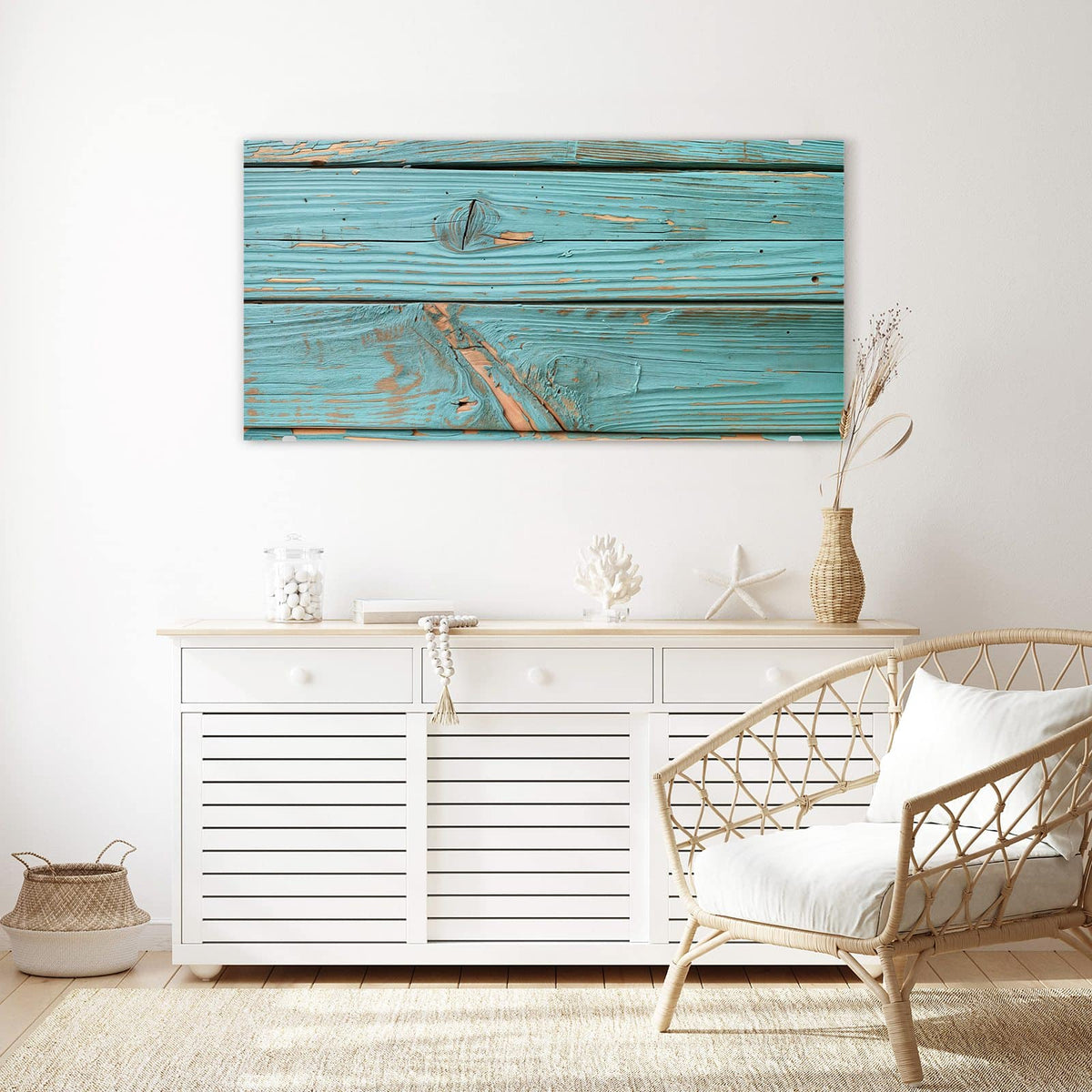 Echtglas, 4 mm – kein Acryl, keine Folie – Wandbild - Türkislack auf Holz - Querformat
