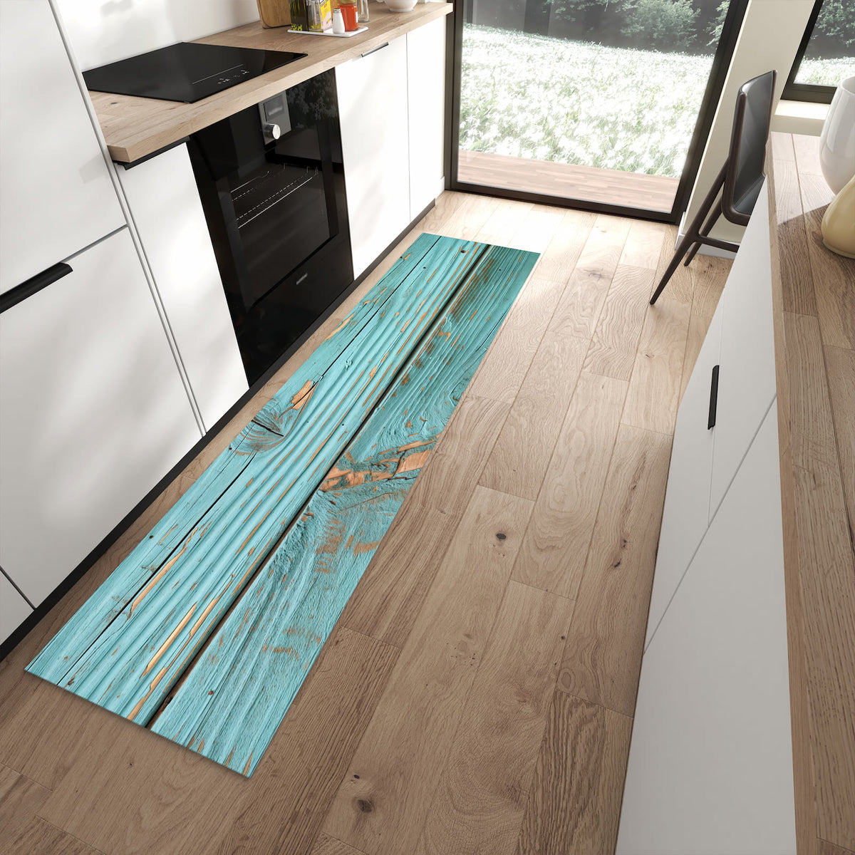 Geruchsneutraler rutschfester Küchenteppich mit Motiv Holzbretter Vintage in moderner Küche