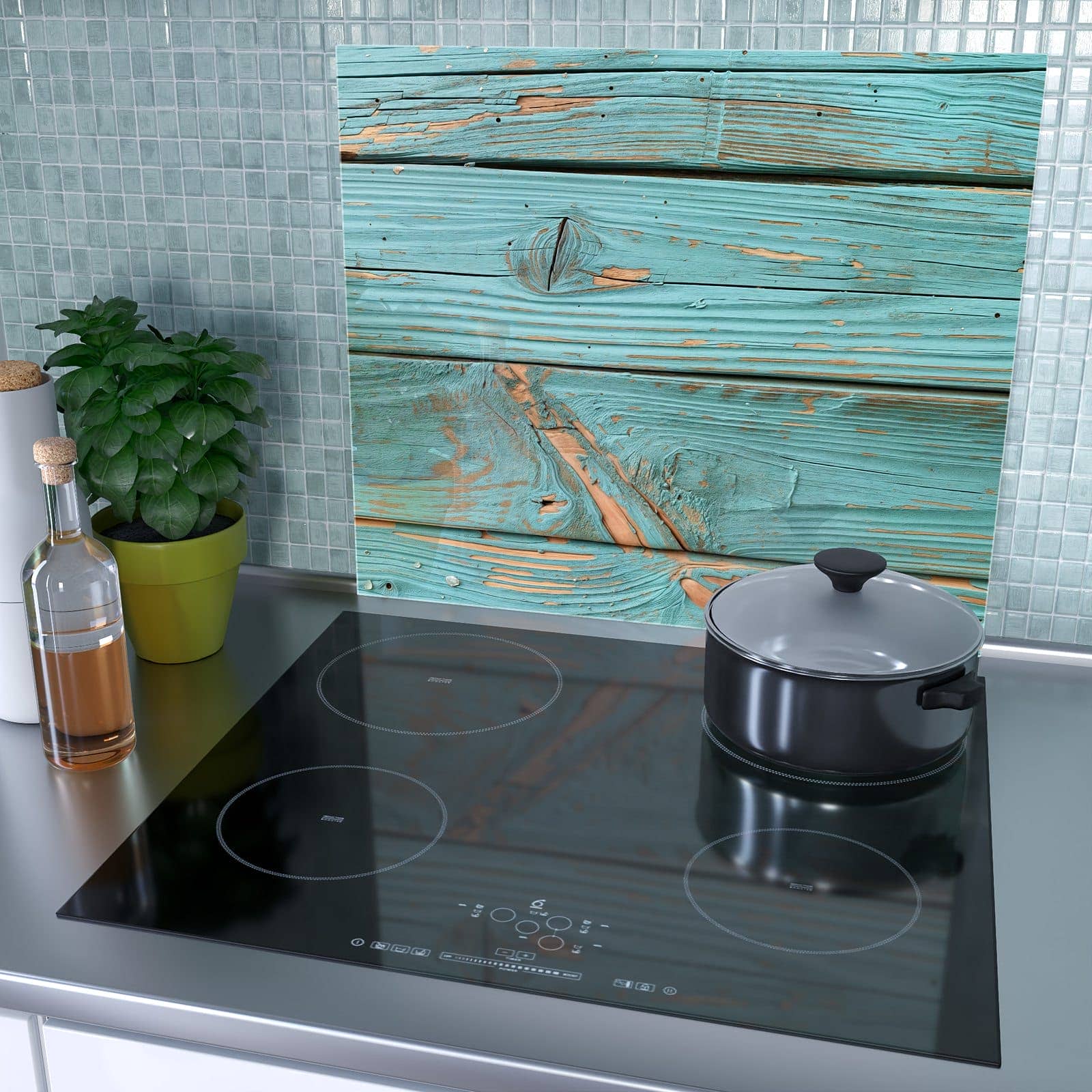 1-teilige Herdabdeckplatten für Ceranfeld mit Holzbretter Vintage-Motiv als Spritzschutz hinter dem Kochfeld
