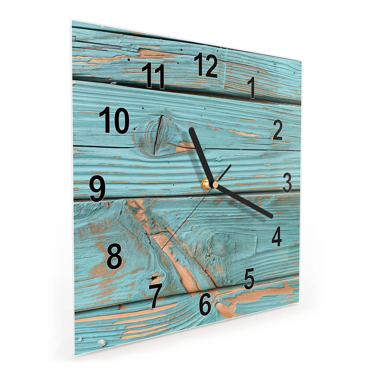 Quadratische Wanduhr aus Glas Türkislack auf Holz schräg von der Seite, 4 mm starkes Glas