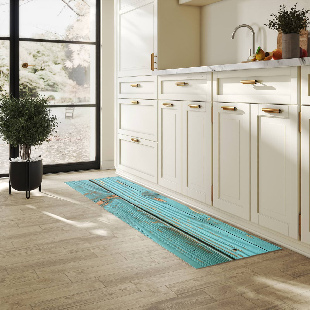Abriebfester Küchenteppich mit Motiv Holzbretter Vintage in heller Küche