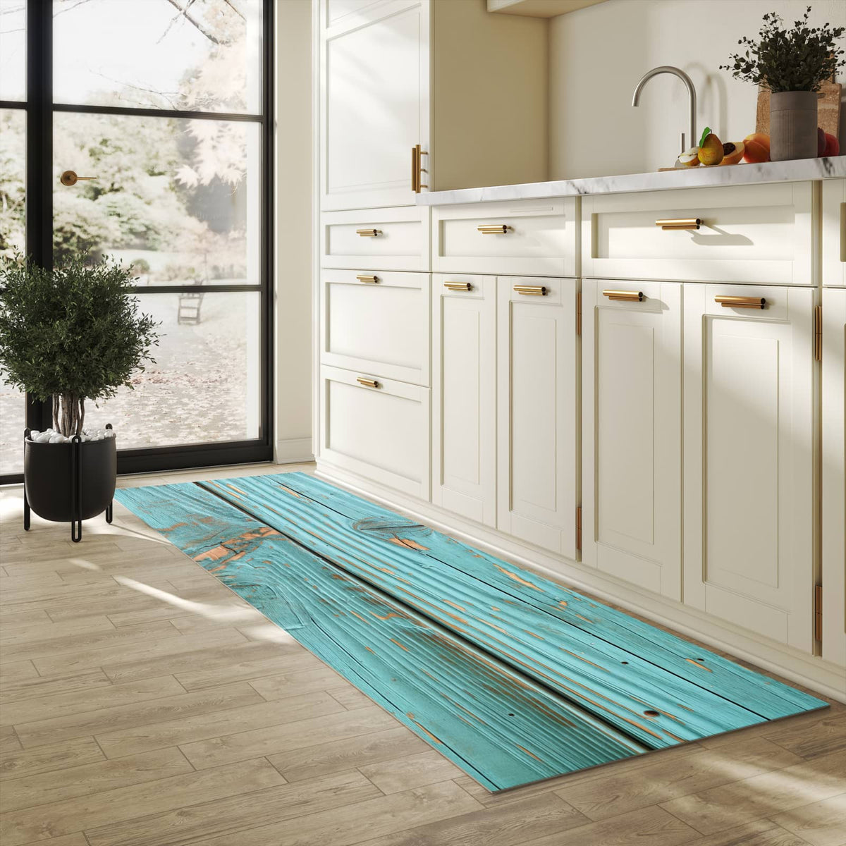 Geruchsneutraler rutschfester Küchenläufer mit Motiv Holzbretter Vintage in heller Küche