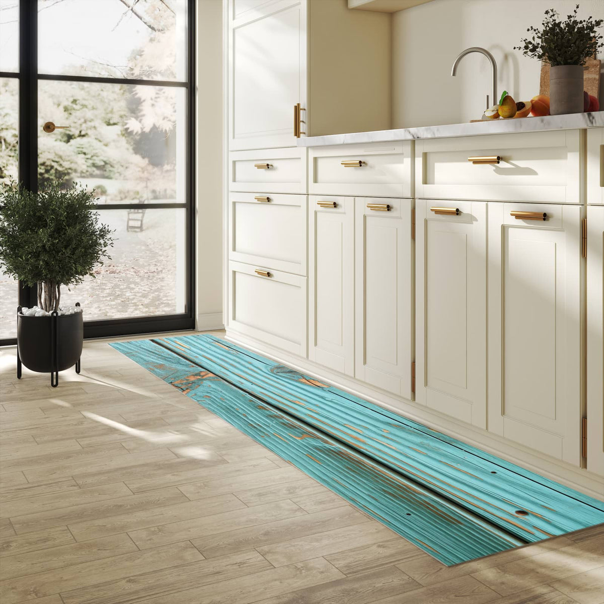 Komfortabler Küchenläufer mit Motiv Holzbretter Vintage in heller Küche